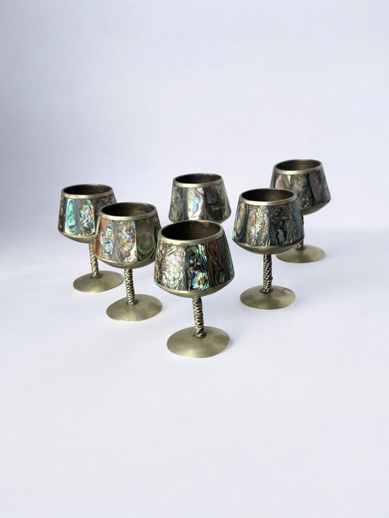 Abalone Shell & Alpaca Shot Glasses, set of 6,  Mexico, 1970