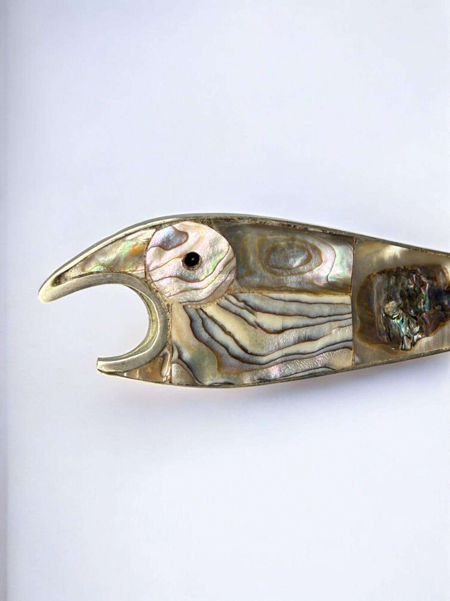 Fish bottle opener, Abalone shell & Alpaca, Mexico, circa 1980