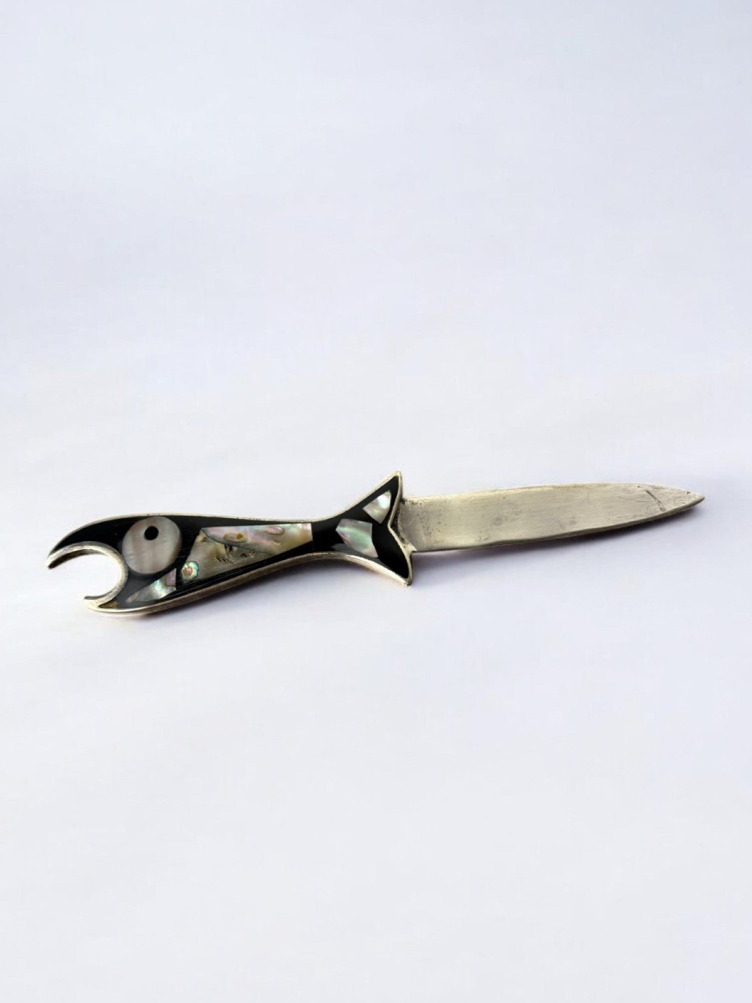 Fish letter opener, Abalone shell & Alpaca, Mexico, 1980's