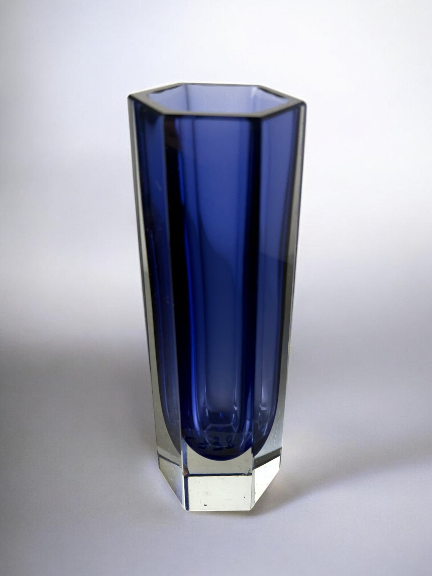 Sommerso vase by seguso, Blue faceted glass, murano, italy, 1970's