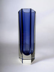 Sommerso vase by seguso, Blue faceted glass, murano, italy, 1970's