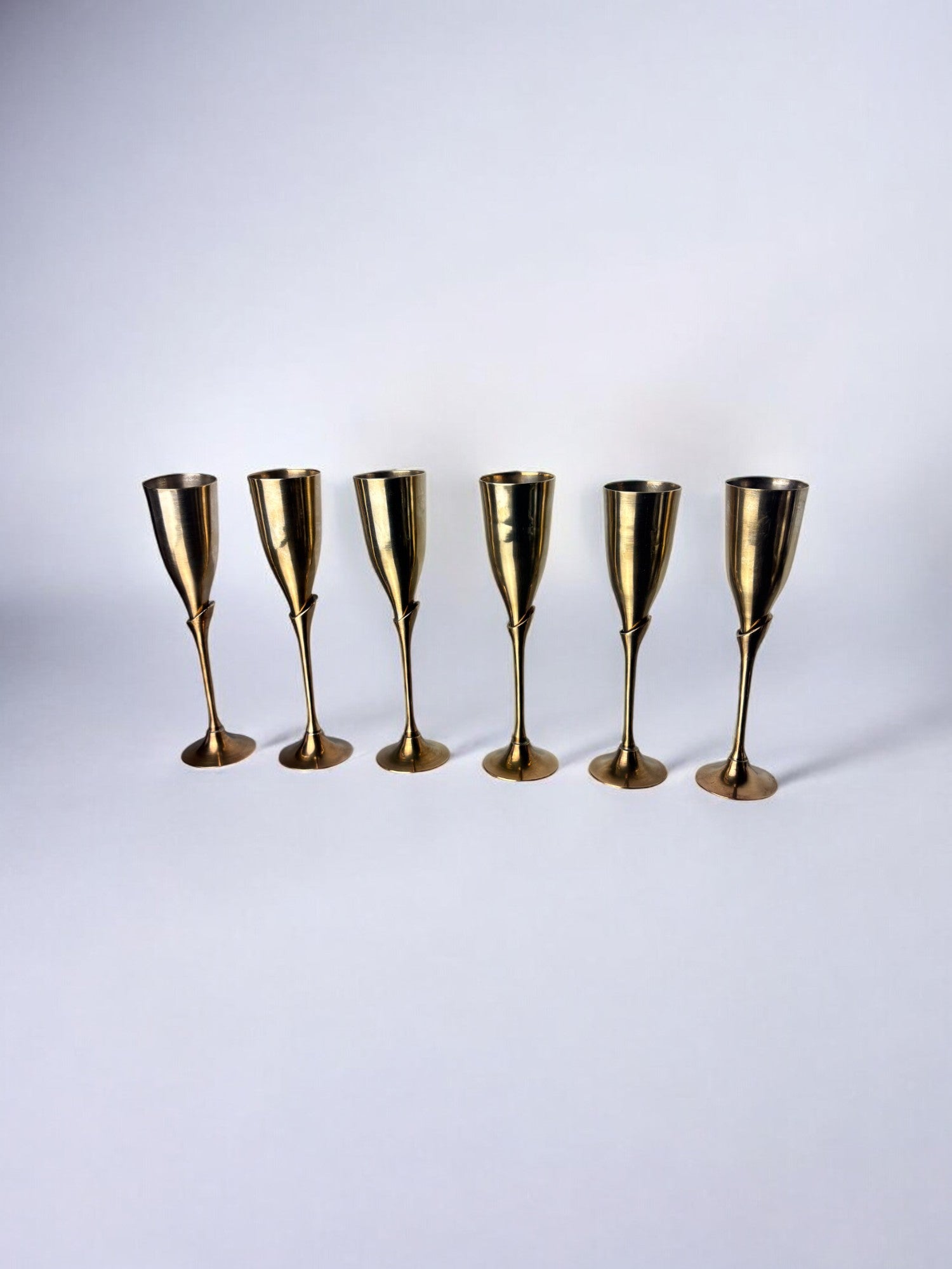 Brutalist Champagne Glasses in brass, set of 6, Spain, 1970's