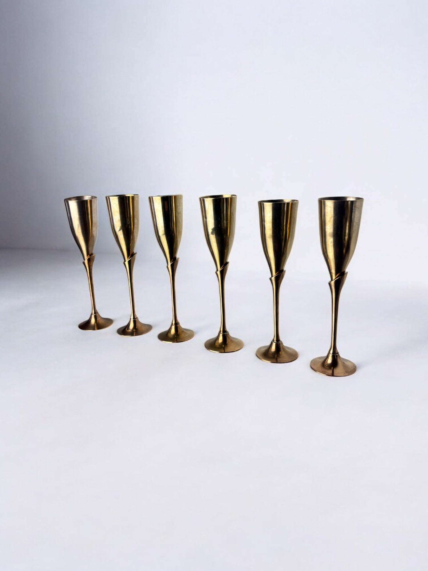 Brutalist Champagne Glasses in brass, set of 6, Spain, 1970's