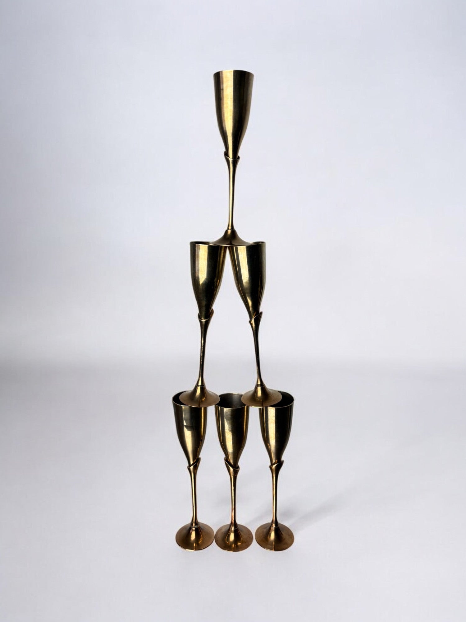 Brutalist Champagne Glasses in brass, set of 6, Spain, 1970's