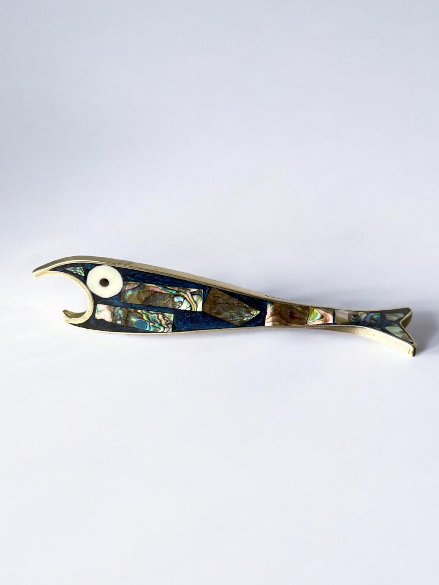 Fish bottle opener, Abalone shell & Alpaca, Mexico, 1980's