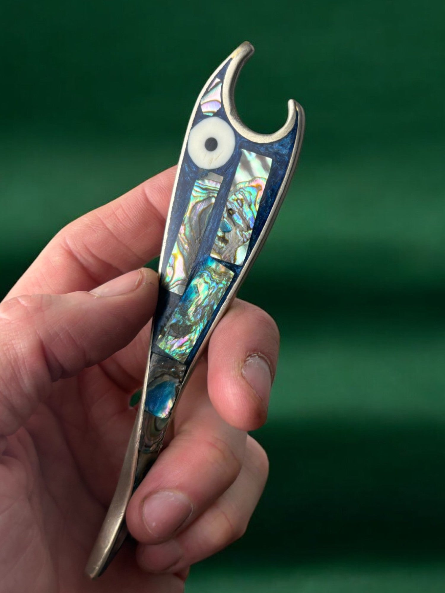 Fish bottle opener, Abalone shell & Alpaca, Mexico, 1980's
