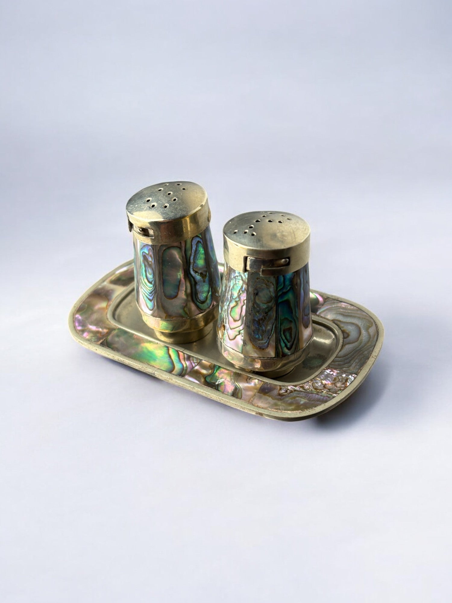 Abalone shell salt & pepper shakers with tray, Alpaca Mexico, 1970's