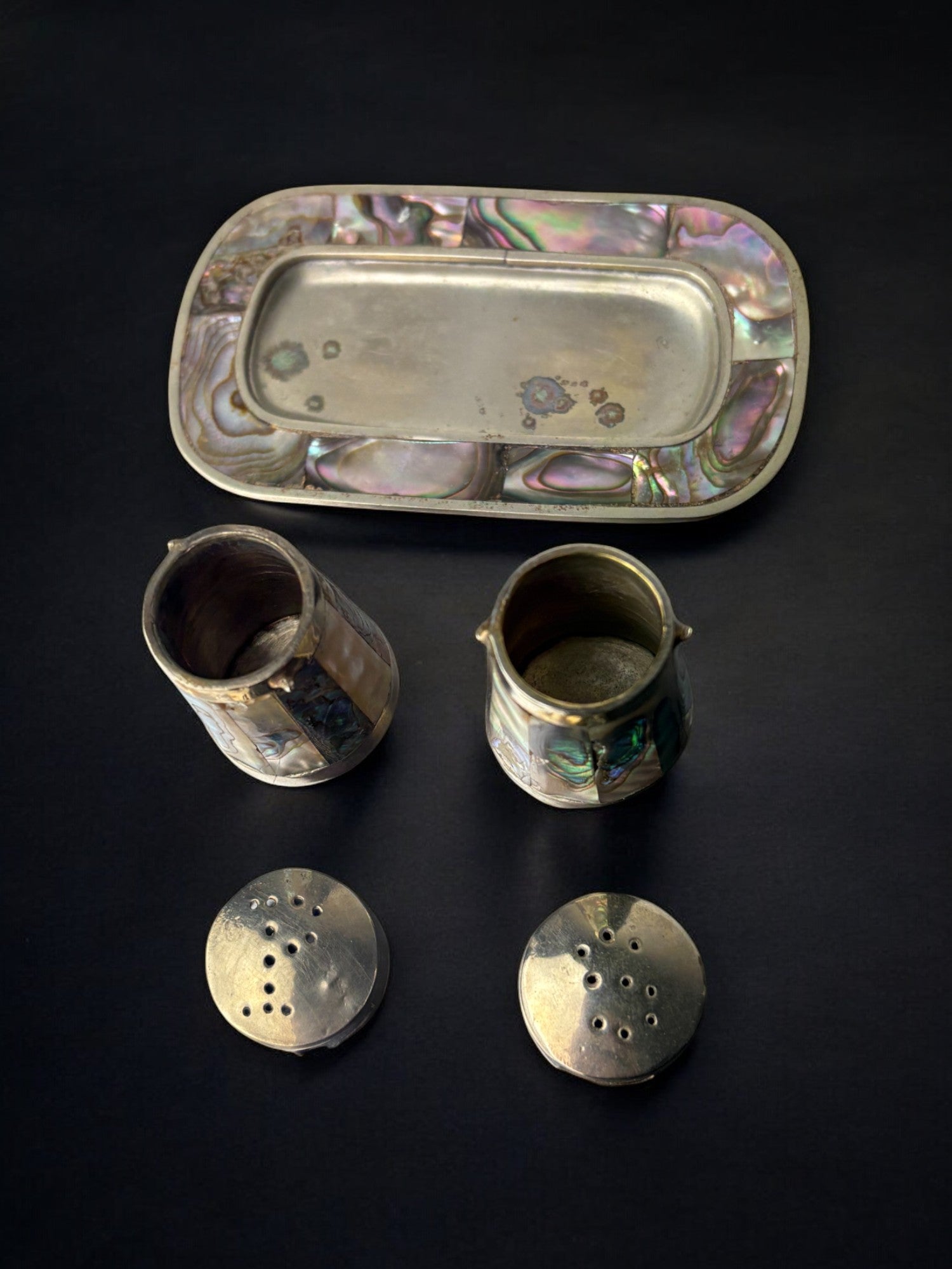 Abalone shell salt & pepper shakers with tray, Alpaca Mexico, 1970's