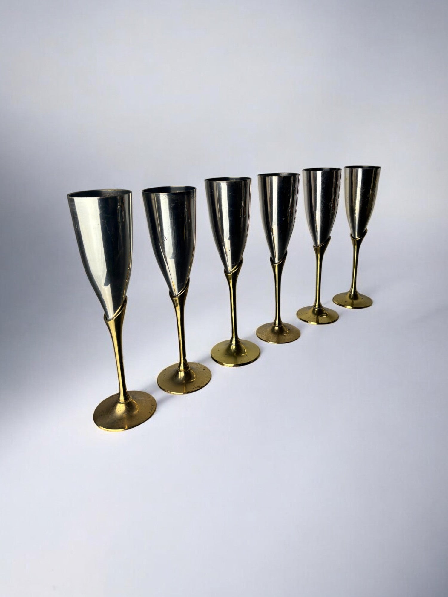 Brutalist Champagne Glasses in brass & Silver plated, set of 6, Spain, 1970's