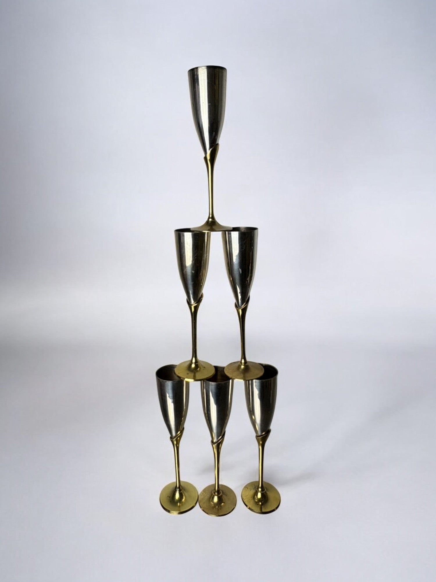 Brutalist Champagne Glasses in brass & Silver plated, set of 6, Spain, 1970's