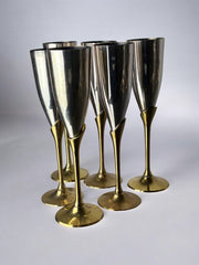 Brutalist Champagne Glasses in brass & Silver plated, set of 6, Spain, 1970's