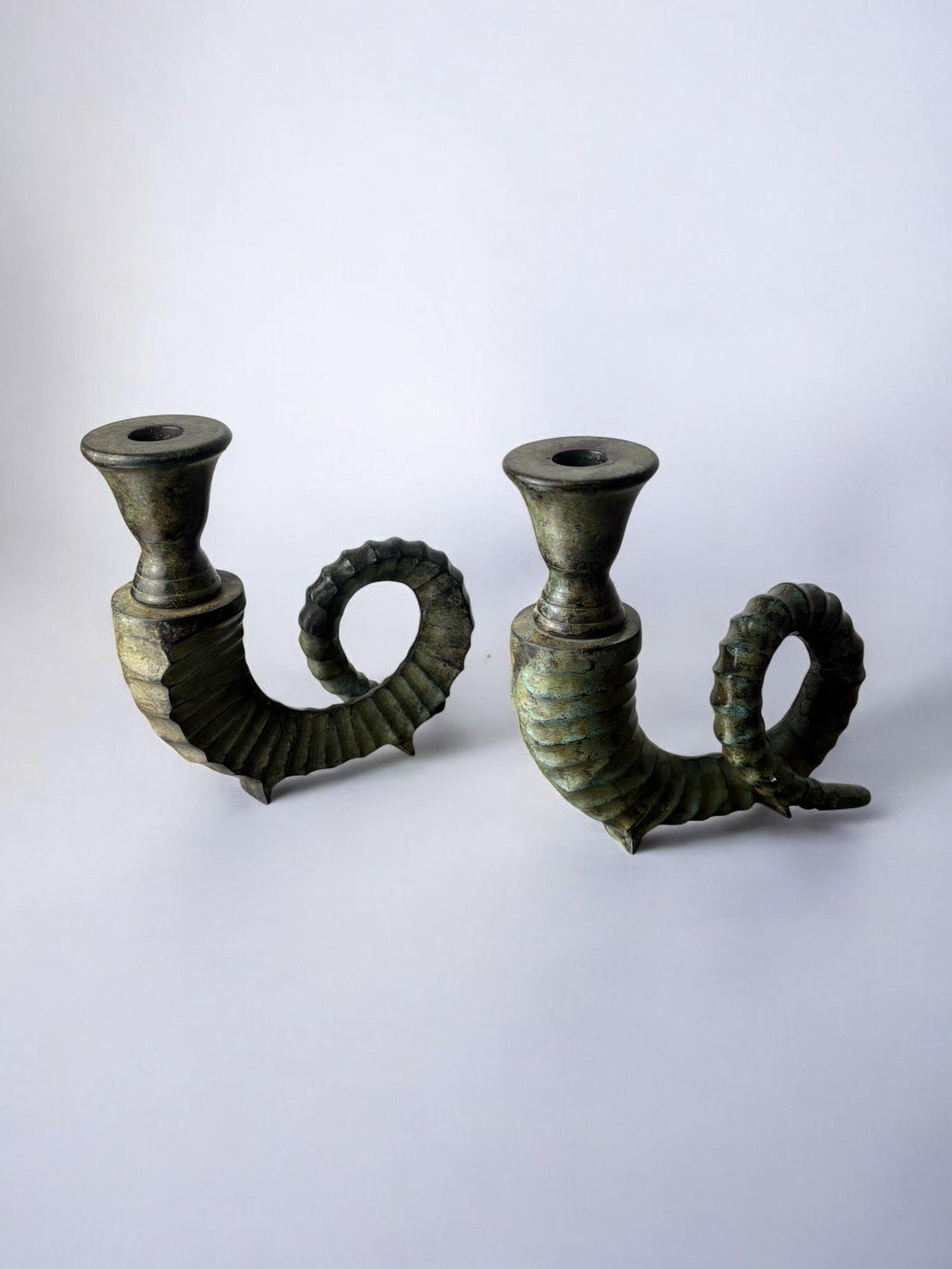 Pair Faux Horn Candleholder in brass Italy, 1970's