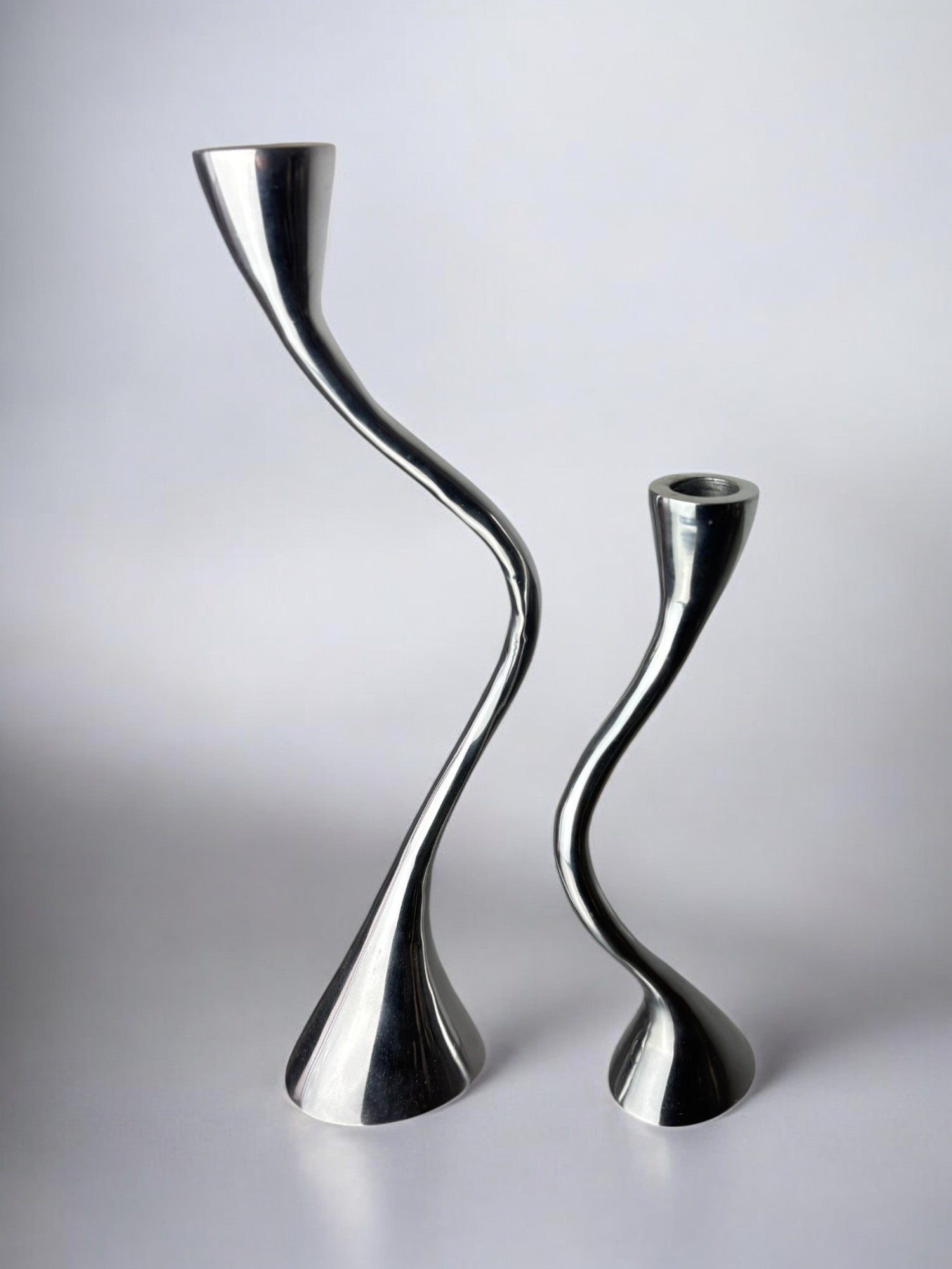 Pair of zigzag candlesticks, solid aluminium, Spain, 1980's