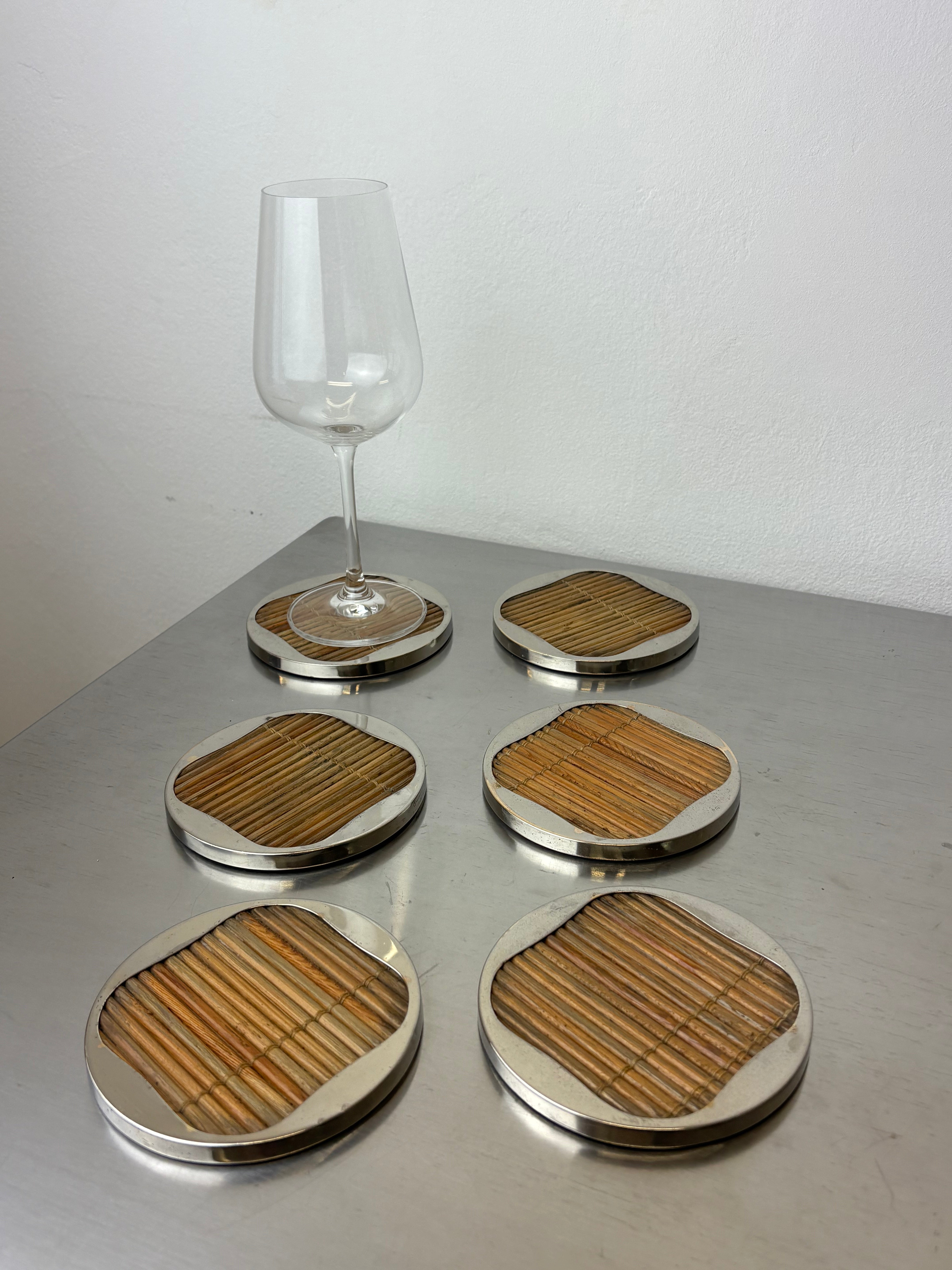 Hollywood Regency Rattan Coasters, set of 6, Italy, 1970's