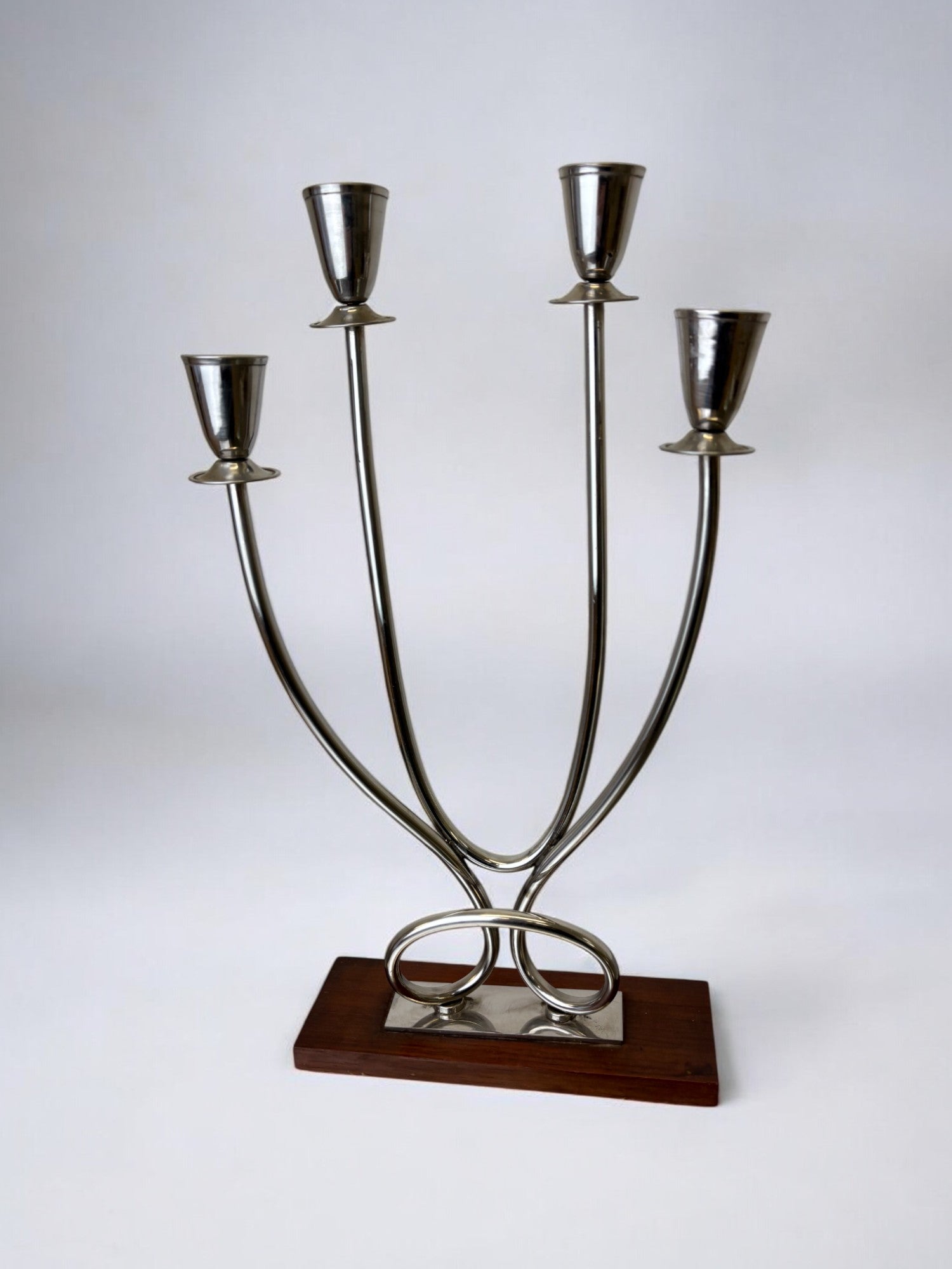 Art deco candlestick in stainless steel and rosewood, 4 flames, Spain, 1970's