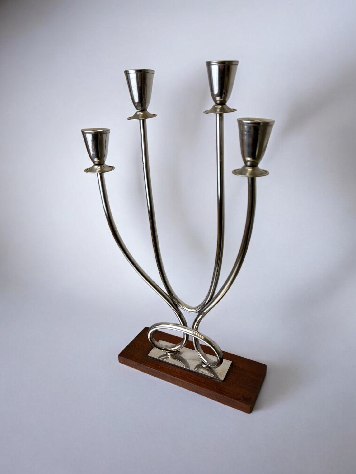 Art deco candlestick in stainless steel and rosewood, 4 flames, Spain, 1970's