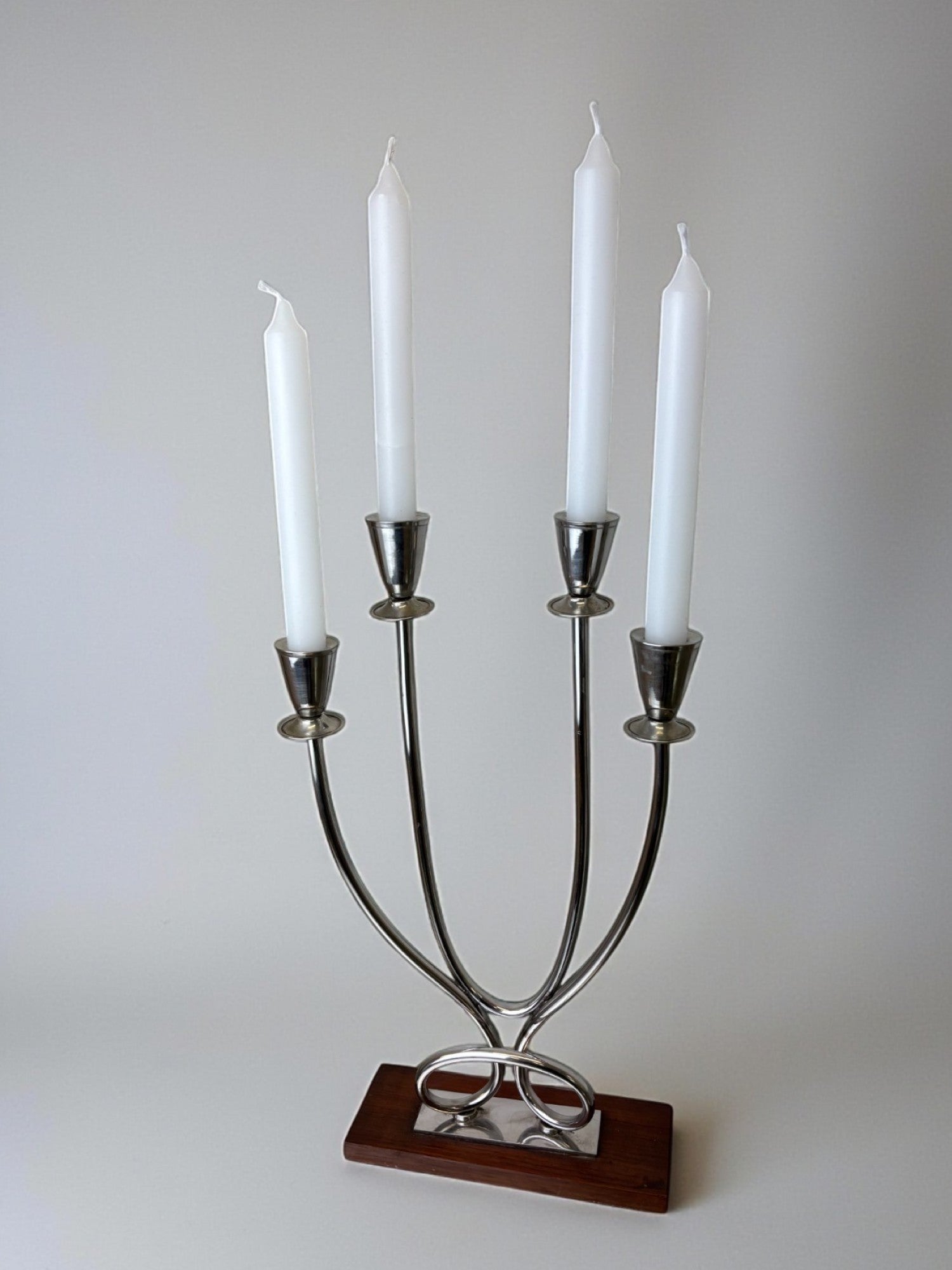 Art deco candlestick in stainless steel and rosewood, 4 flames, Spain, 1970's