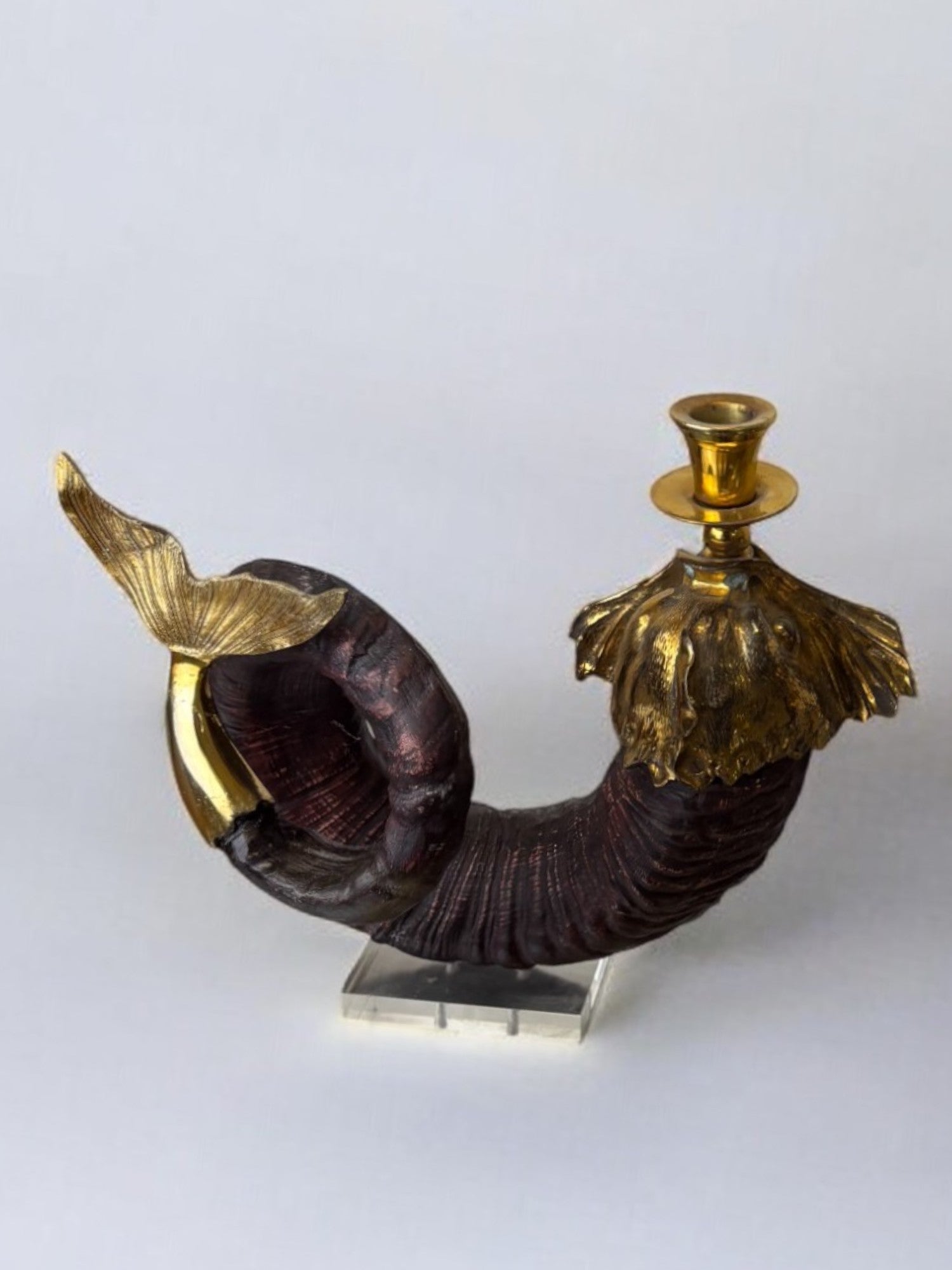 Pair of Dolphin Candleholder Gabriella Crespi, Faux Horn in Resin and Bronze, Italy 1970's
