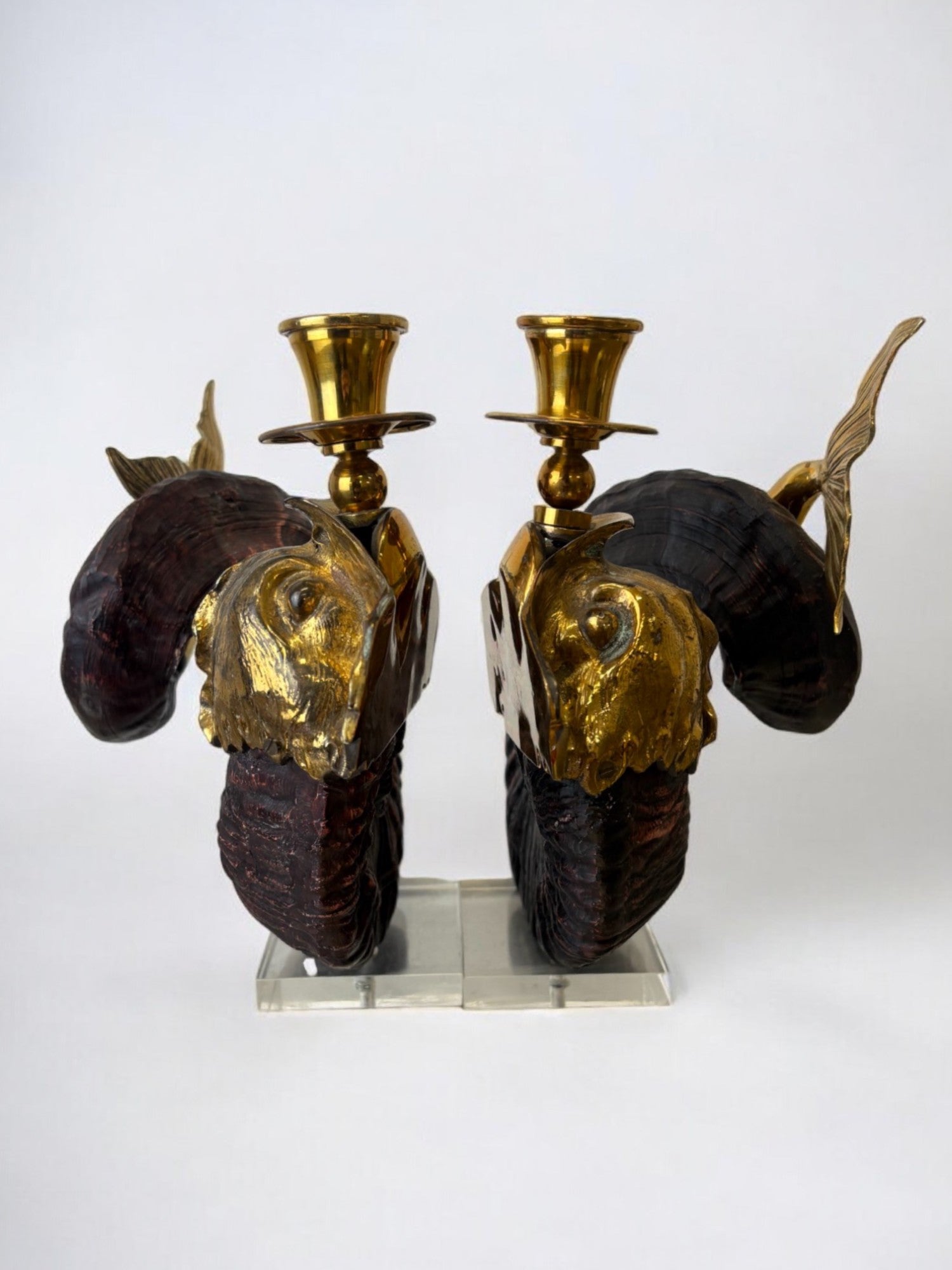 Pair of Dolphin Candleholder Gabriella Crespi, Faux Horn in Resin and Bronze, Italy 1970's