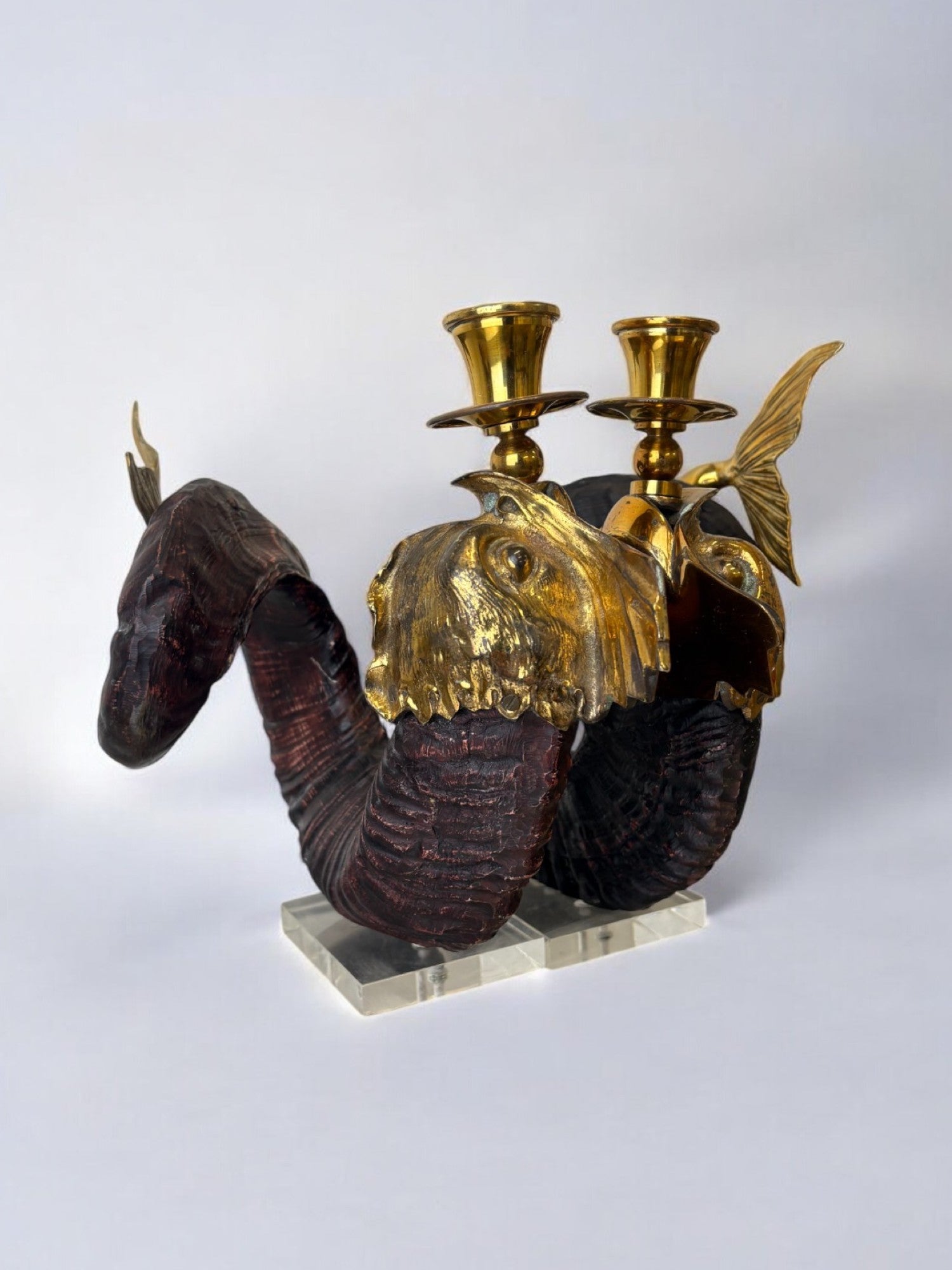 Pair of Dolphin Candleholder Gabriella Crespi, Faux Horn in Resin and Bronze, Italy 1970's