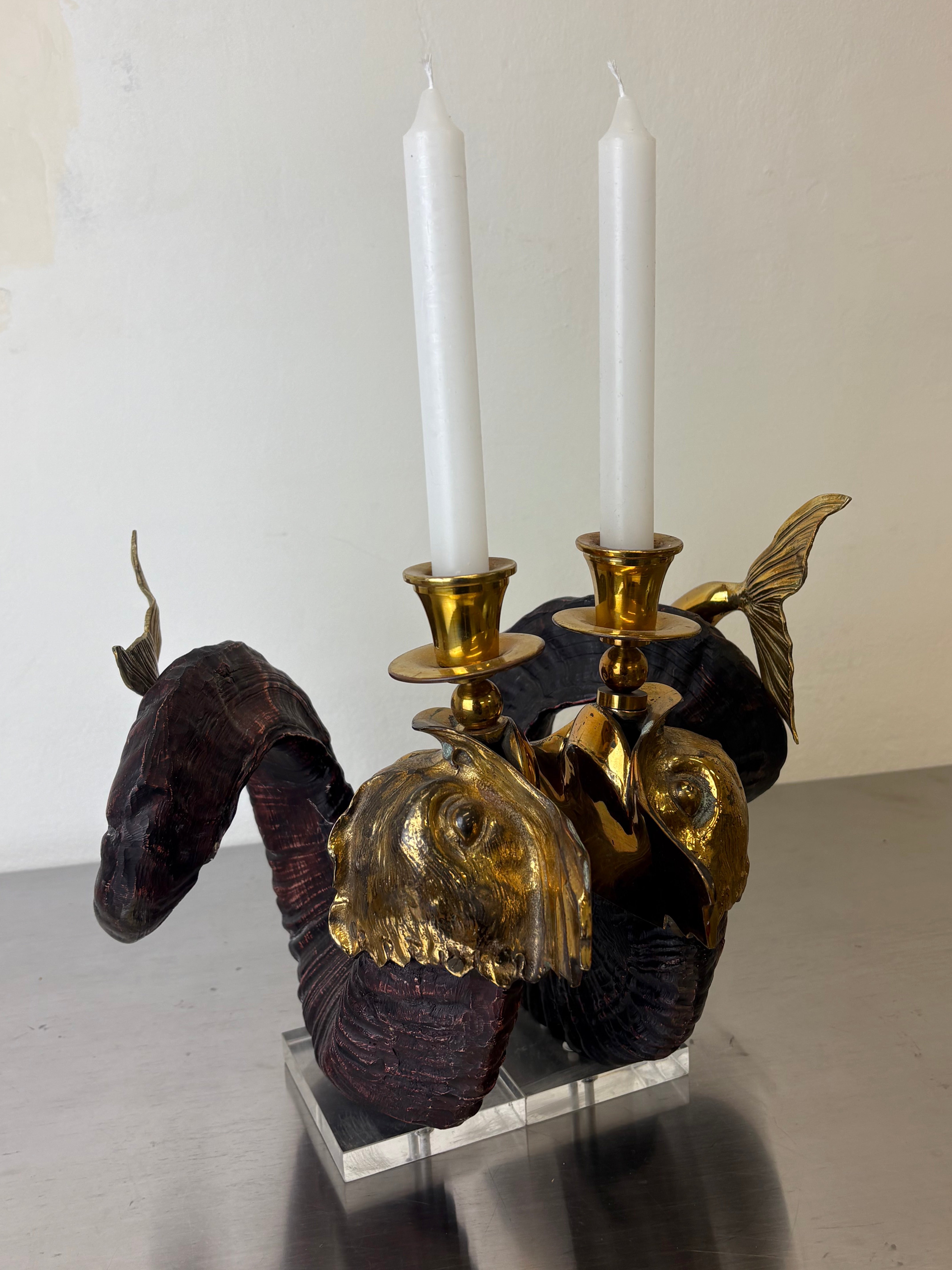 Pair of Dolphin Candleholder Gabriella Crespi, Faux Horn in Resin and Bronze, Italy 1970's