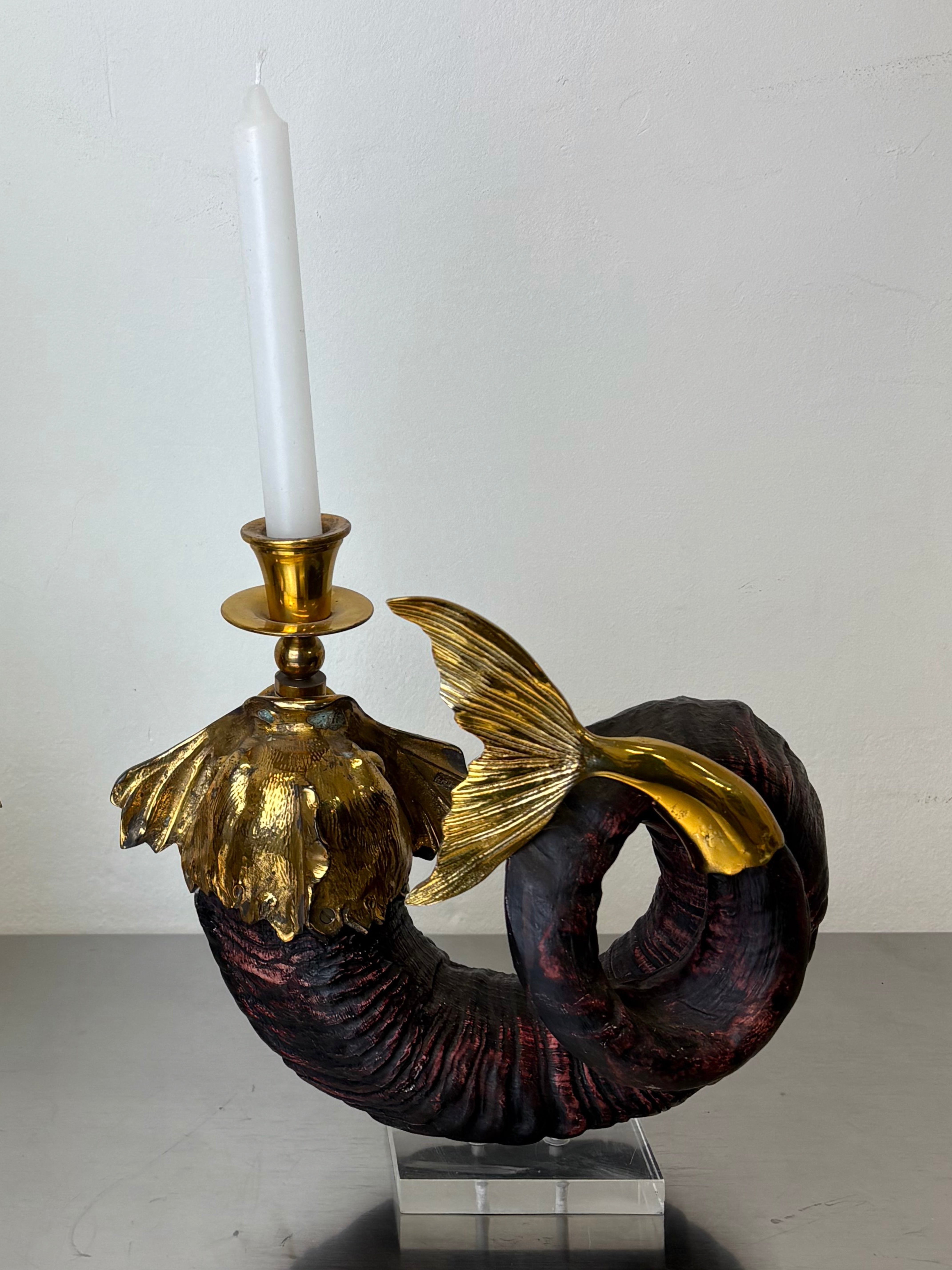Pair of Dolphin Candleholder Gabriella Crespi, Faux Horn in Resin and Bronze, Italy 1970's