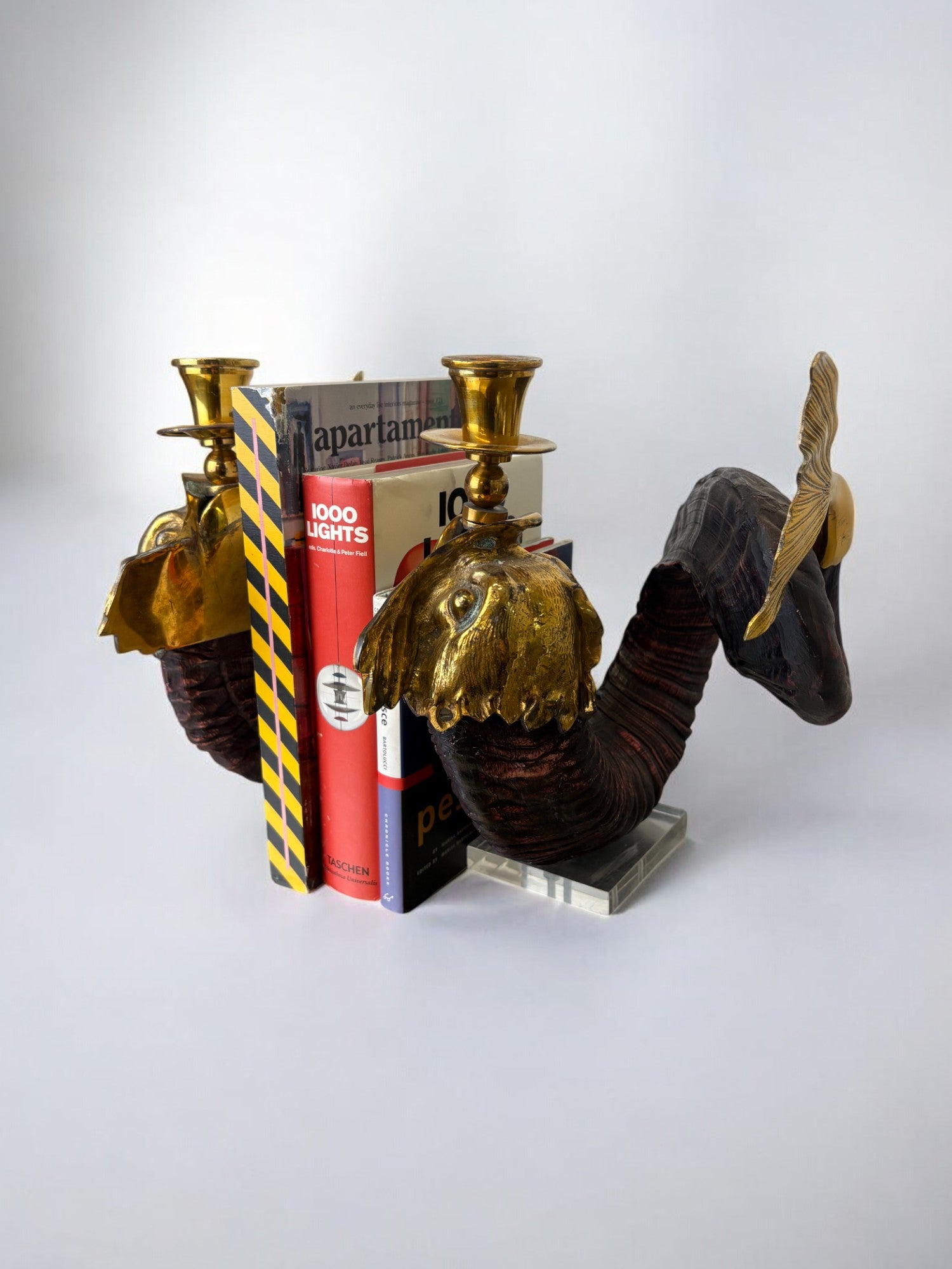 Pair of Dolphin Candleholder Gabriella Crespi, Faux Horn in Resin and Bronze, Italy 1970's