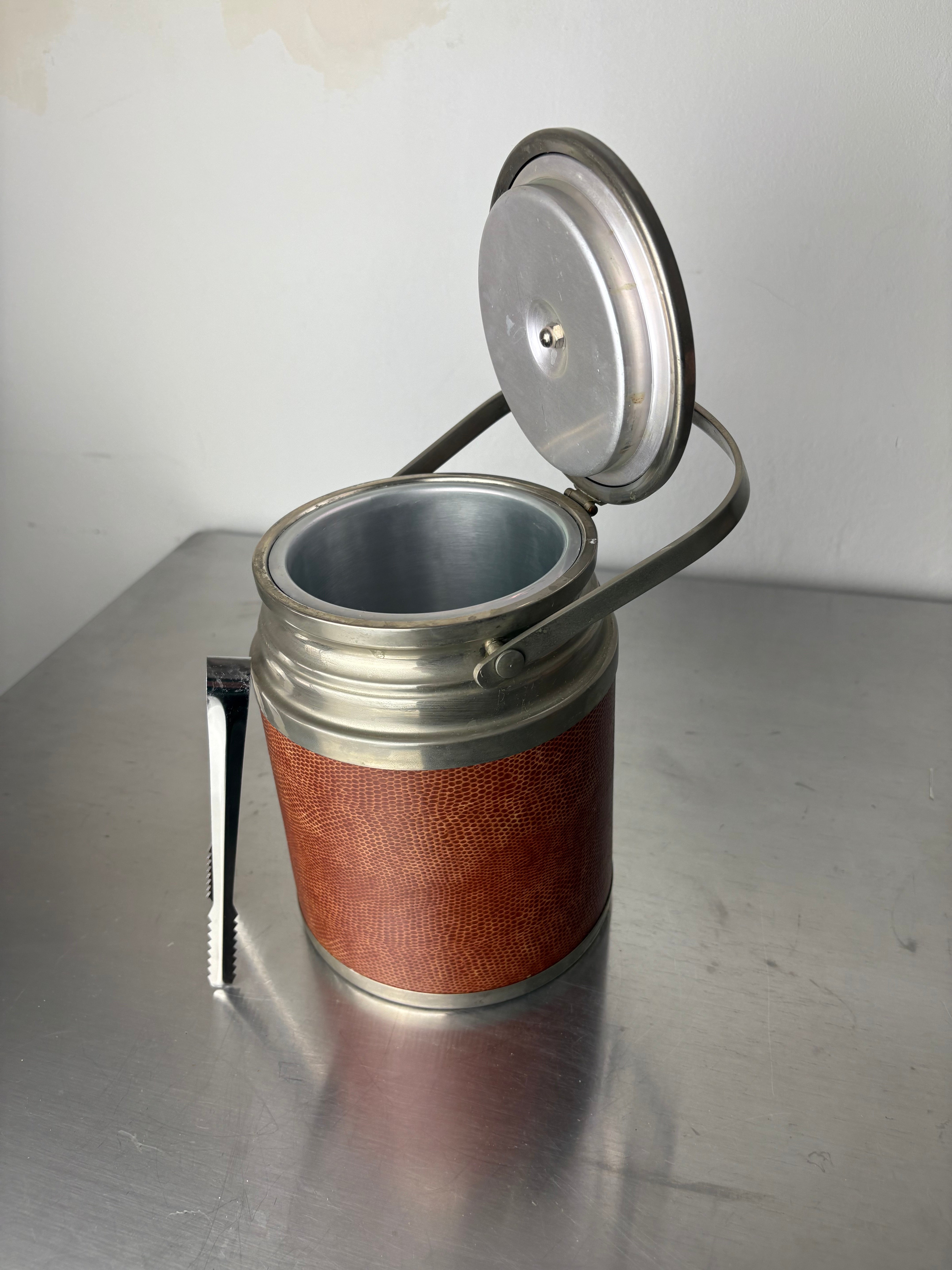 Regency Leather Ice Bucket with tongs, Italy, 1970