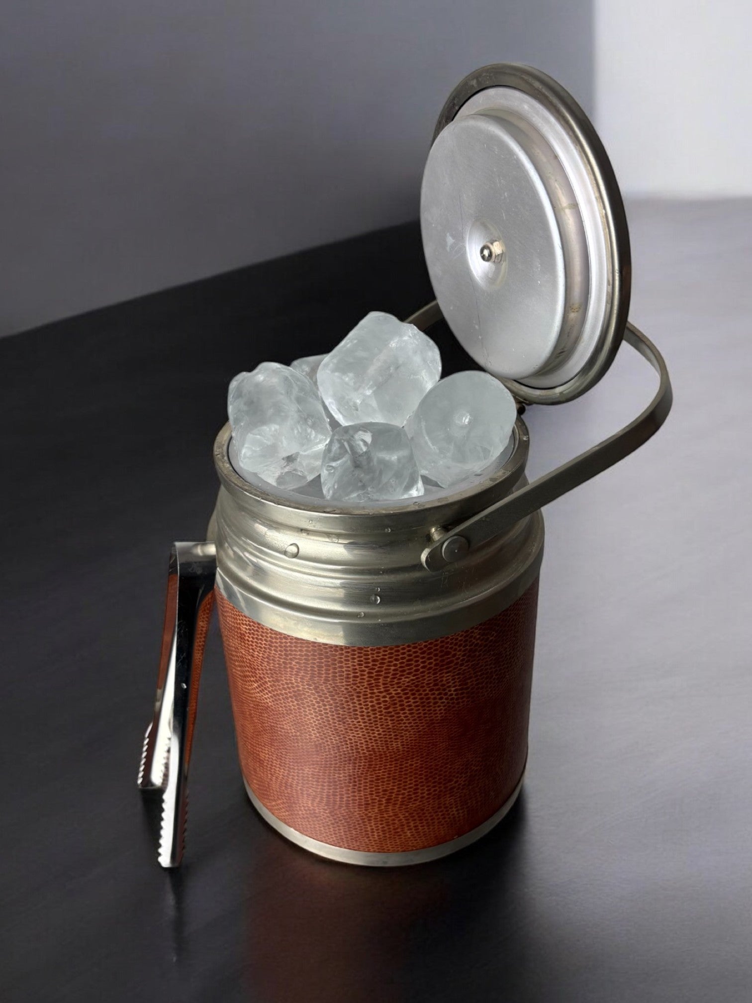Regency Leather Ice Bucket with tongs, Italy, 1970