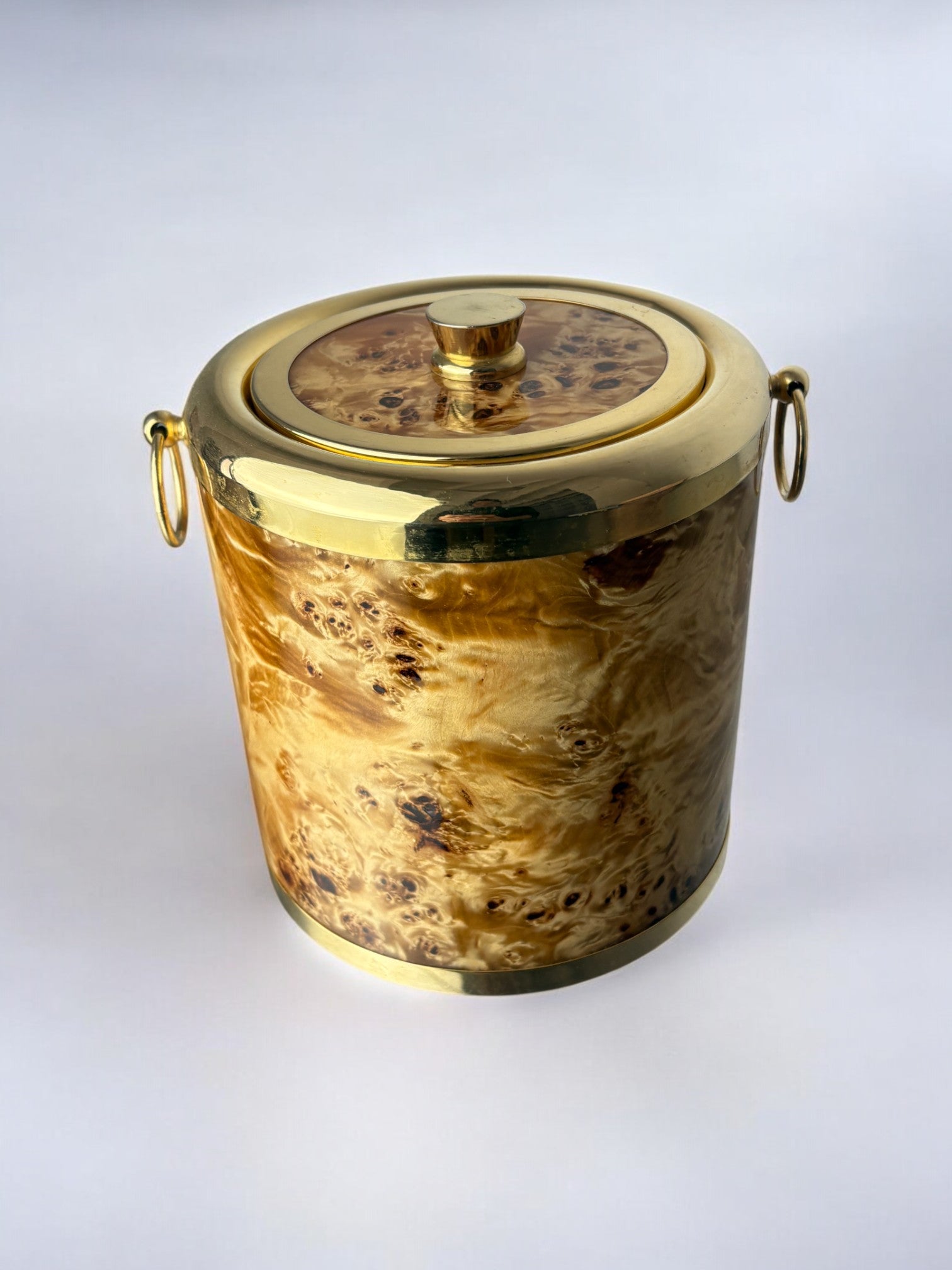 Lucite burl wood & Brass Ice Bucket with tongs, Italy, 1970s