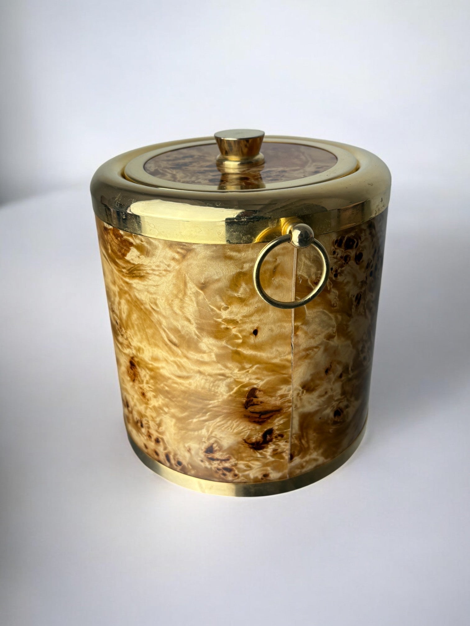 Lucite burl wood & Brass Ice Bucket with tongs, Italy, 1970s