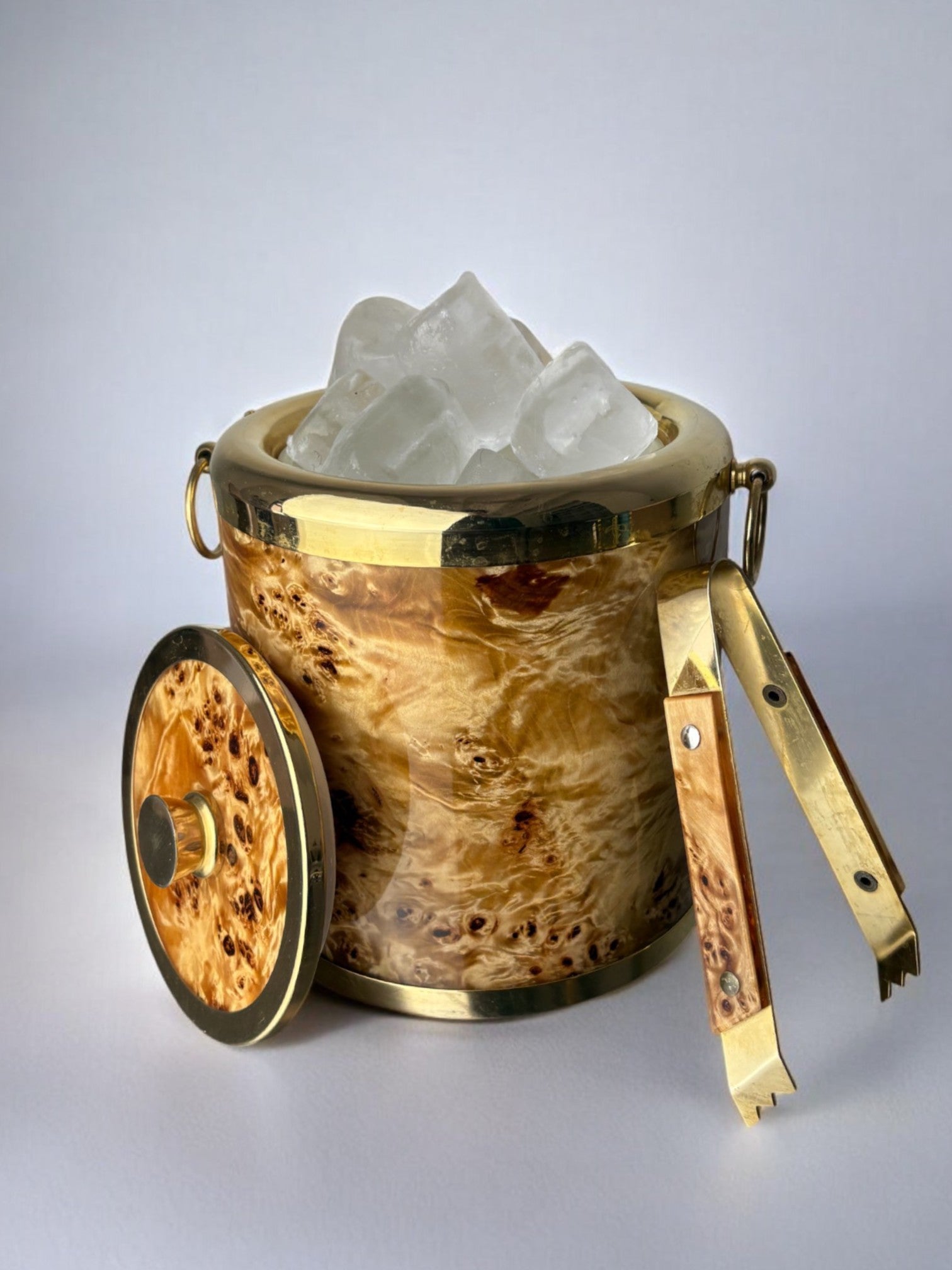 Lucite burl wood & Brass Ice Bucket with tongs, Italy, 1970s