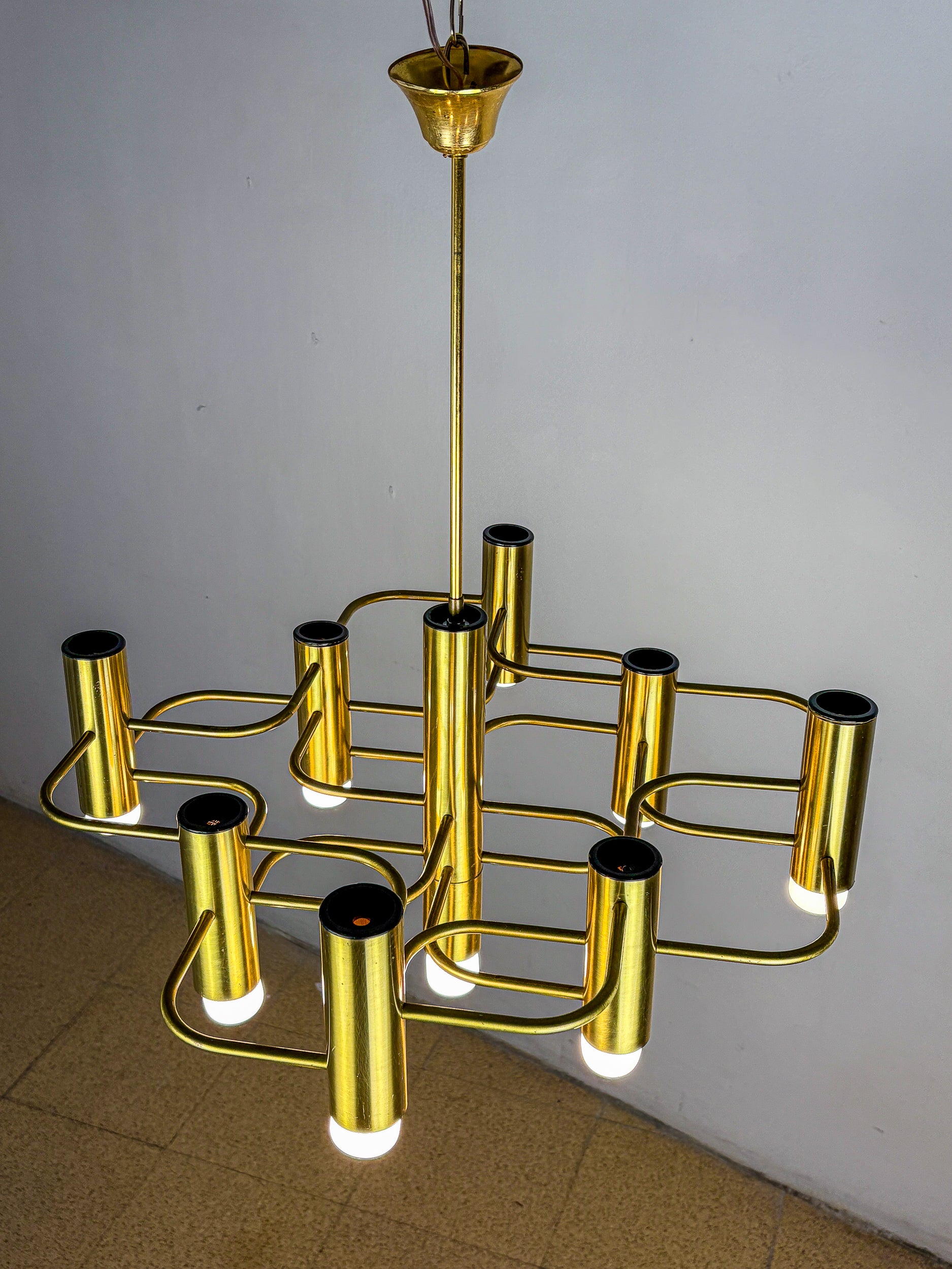Gaetano Sciolari Geometric Chandelier, 9 lights, Italy, 1970s
