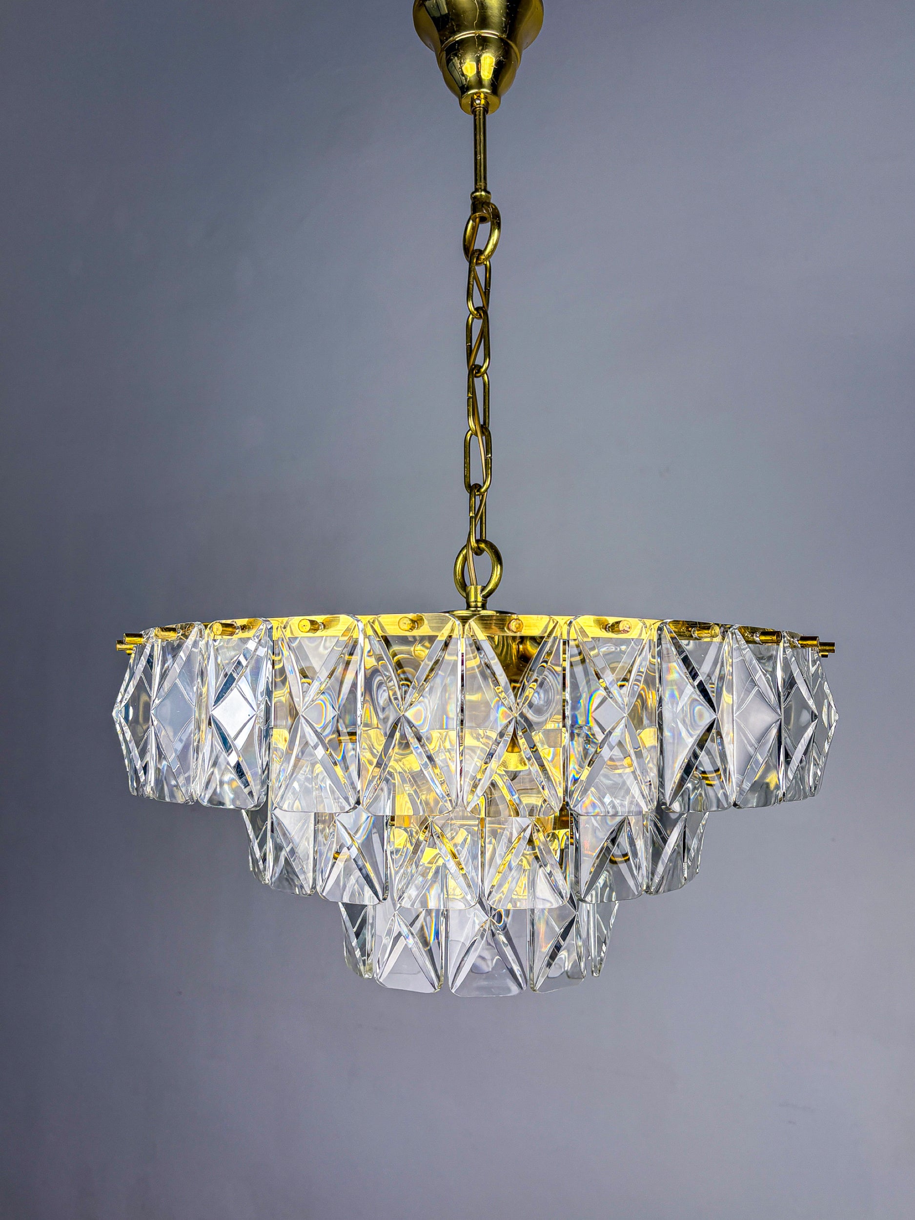 Kinkeldey 3-Tier Cut Crystal Chandelier, Gilt Brass, Germany, 1970s
