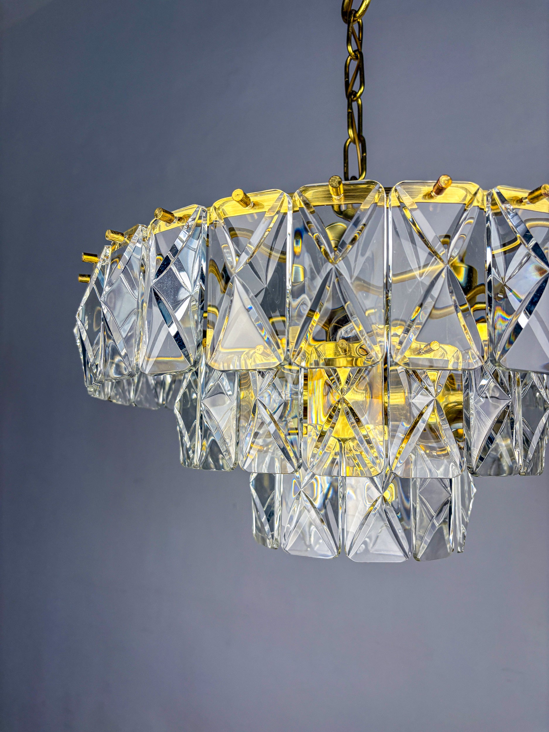 Kinkeldey 3-Tier Cut Crystal Chandelier, Gilt Brass, Germany, 1970s