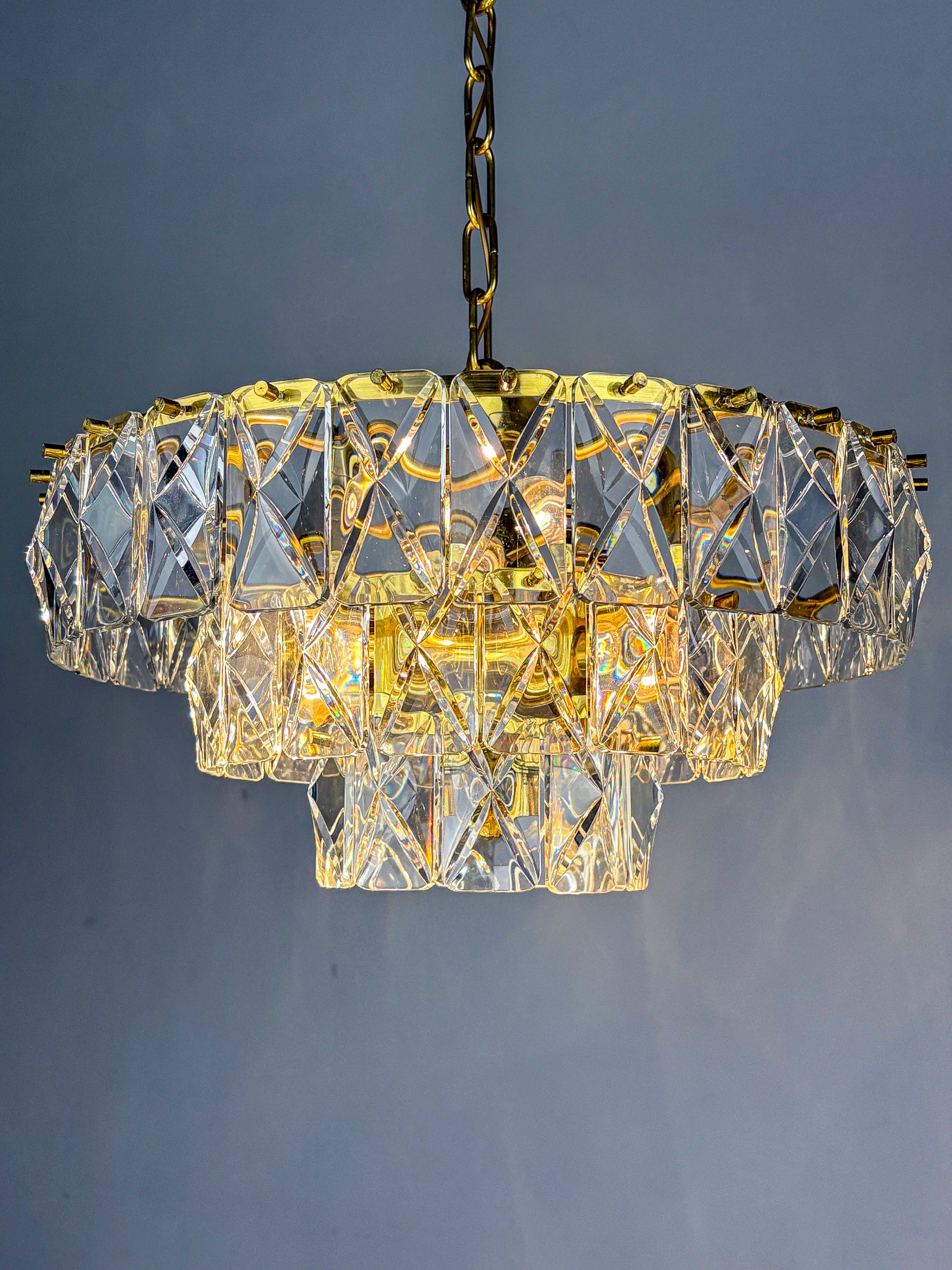Kinkeldey 3-Tier Cut Crystal Chandelier, Gilt Brass, Germany, 1970s