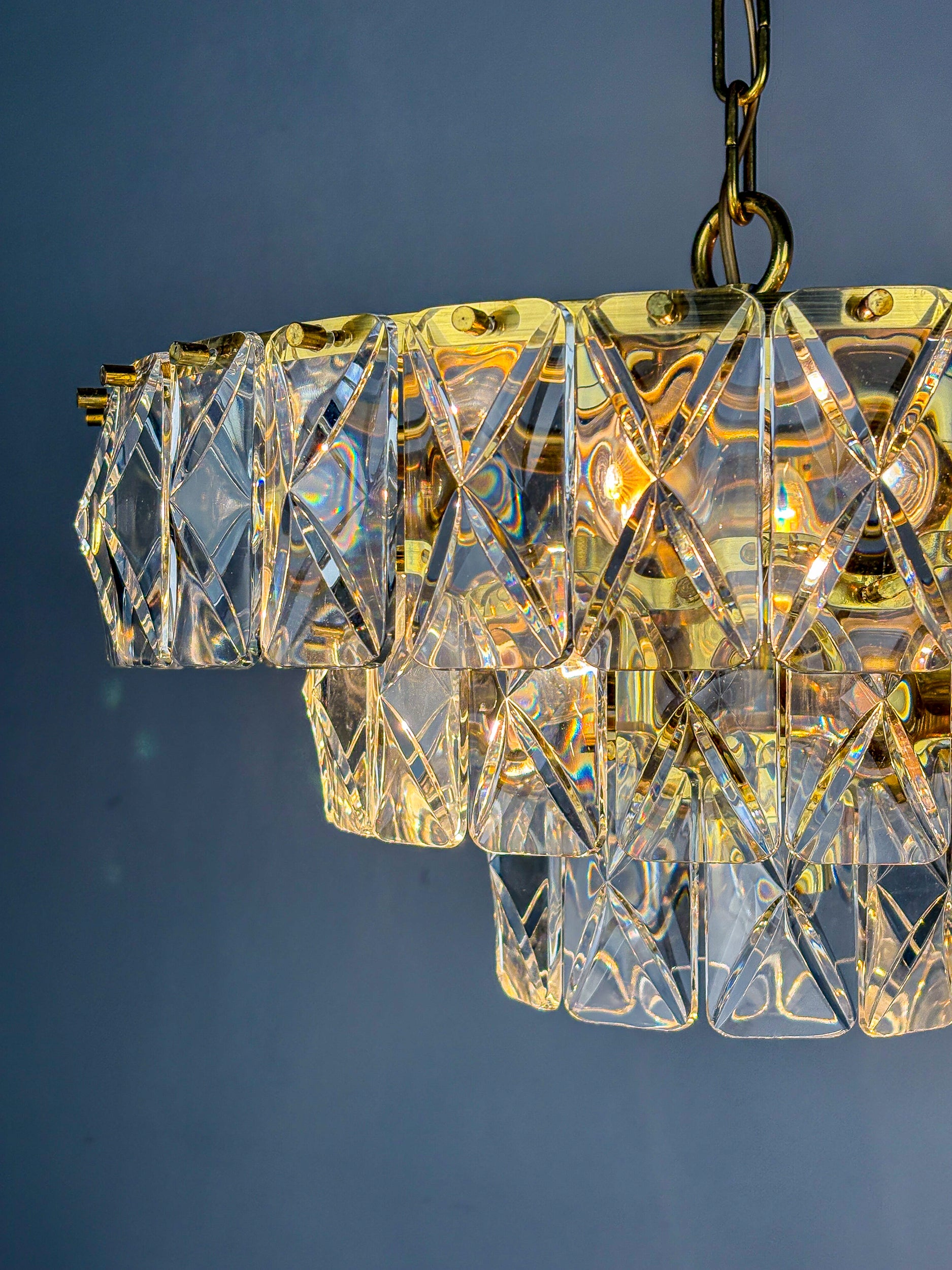 Kinkeldey 3-Tier Cut Crystal Chandelier, Gilt Brass, Germany, 1970s