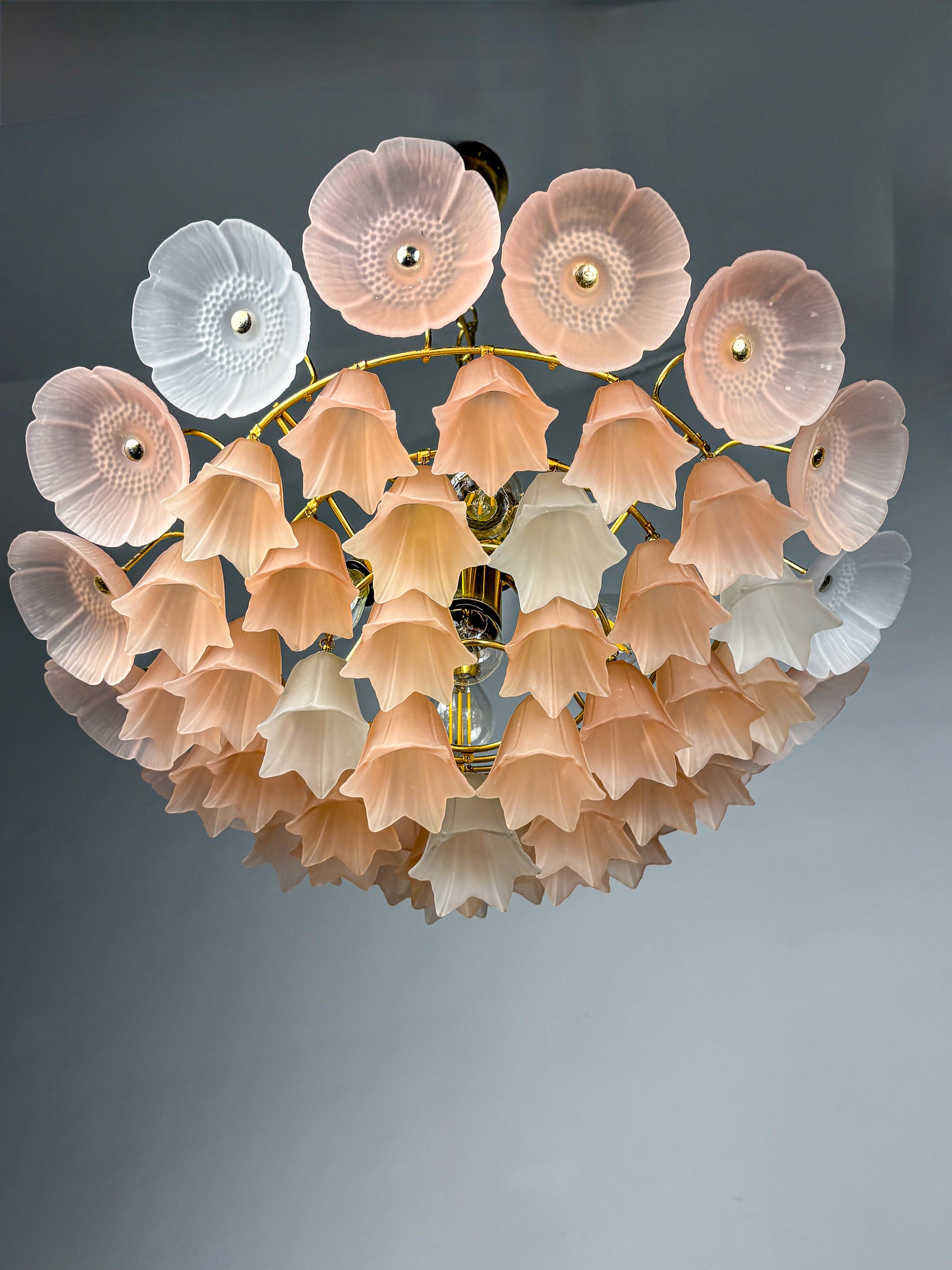 Bicolore 4-tiers floral murano glass chandelier, pink & white glass, italy, 1970'S