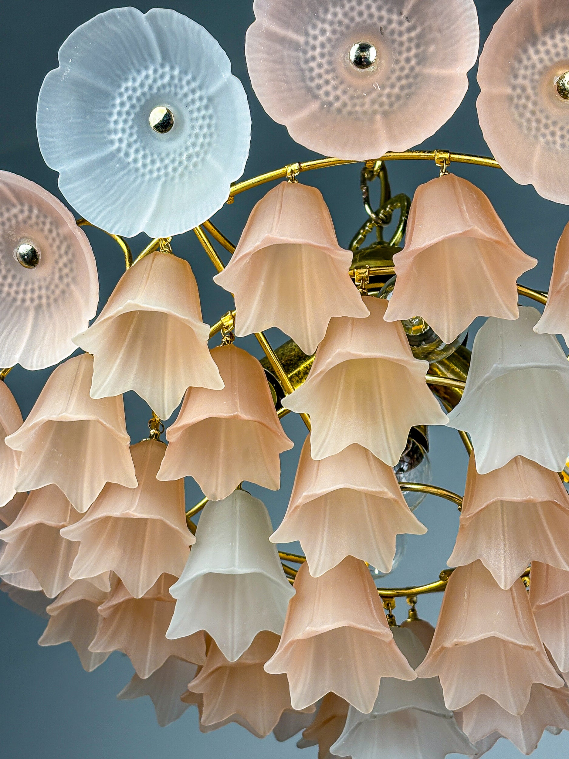 Bicolore 4-tiers floral murano glass chandelier, pink & white glass, italy, 1970'S