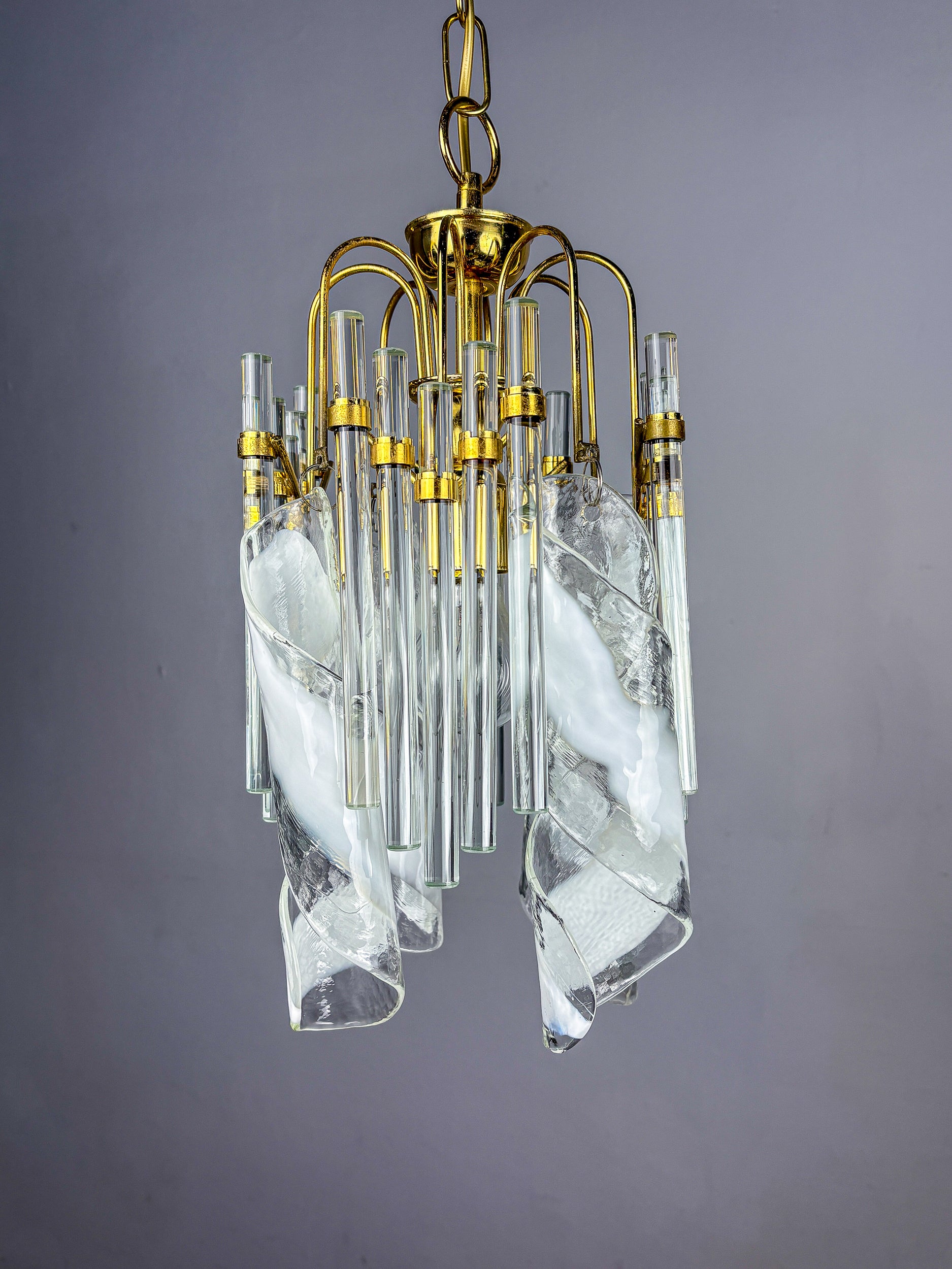 Murano Glass Cascade Chandelier – Twisted  Prisms & Tubes, Brass Frame, Italy 1970s
