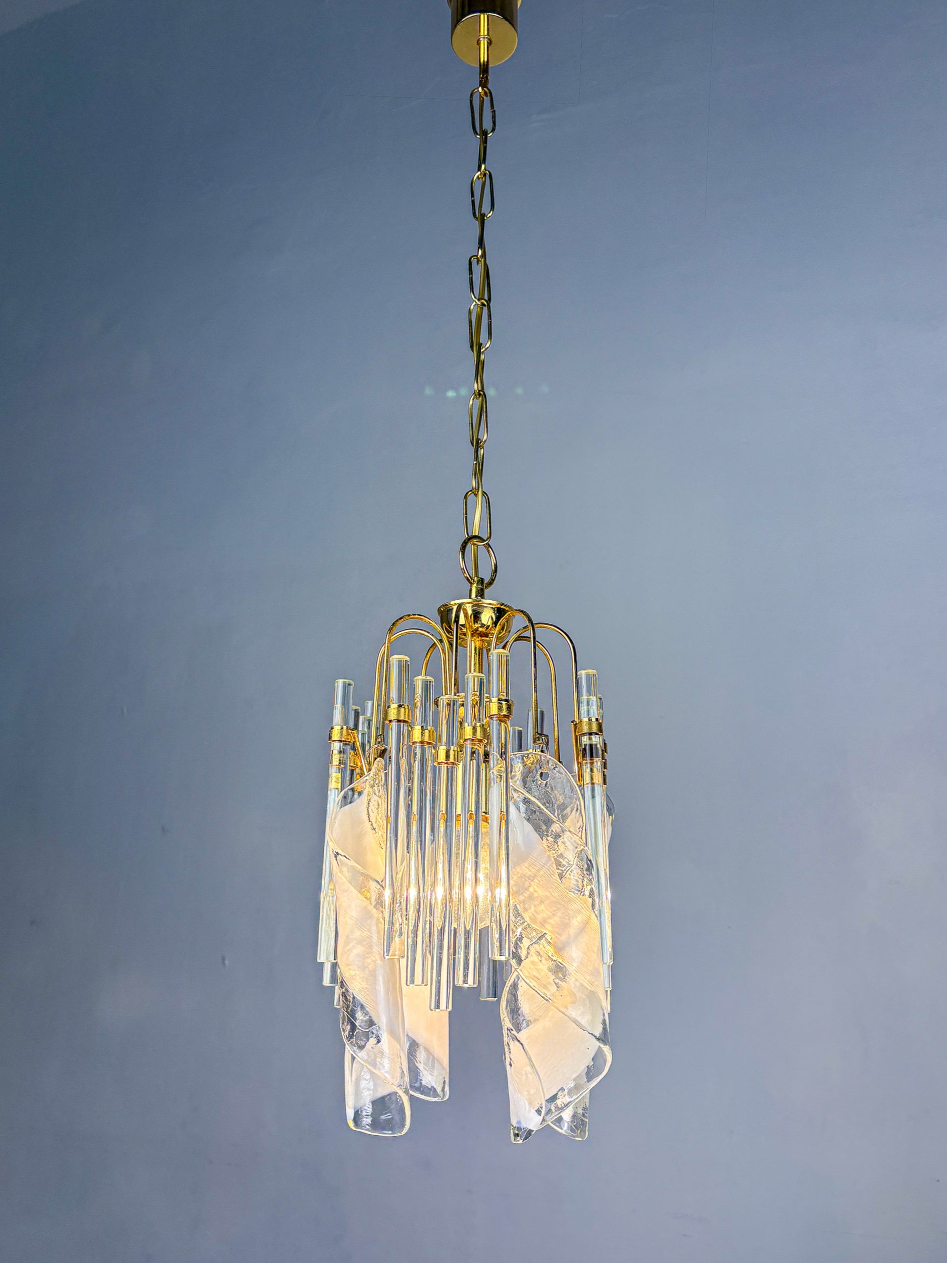Murano Glass Cascade Chandelier – Twisted  Prisms & Tubes, Brass Frame, Italy 1970s