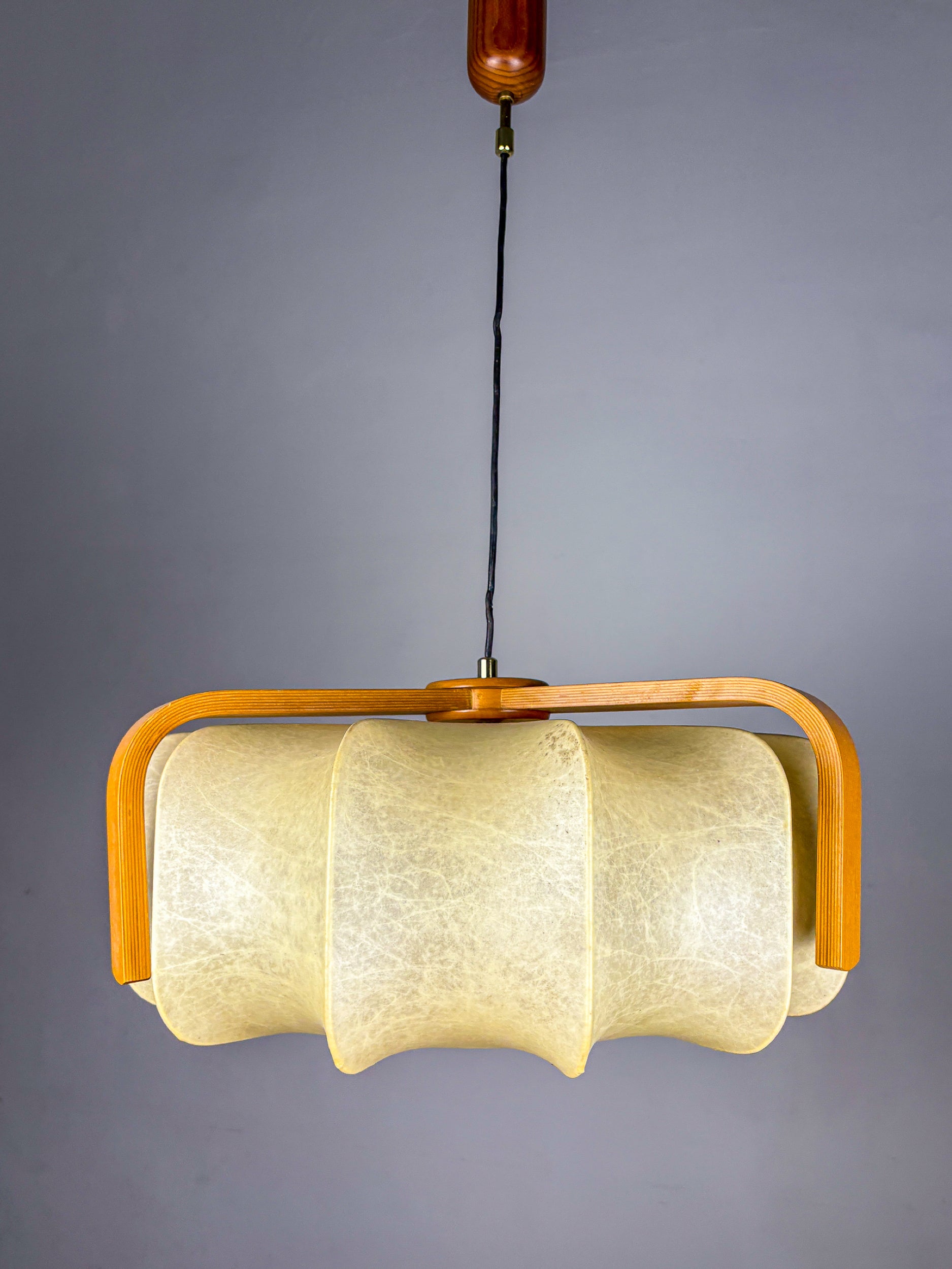 Mid-Century Cocoon Pendant Lamp, Resin & Pine Wood, Italy, 1960s