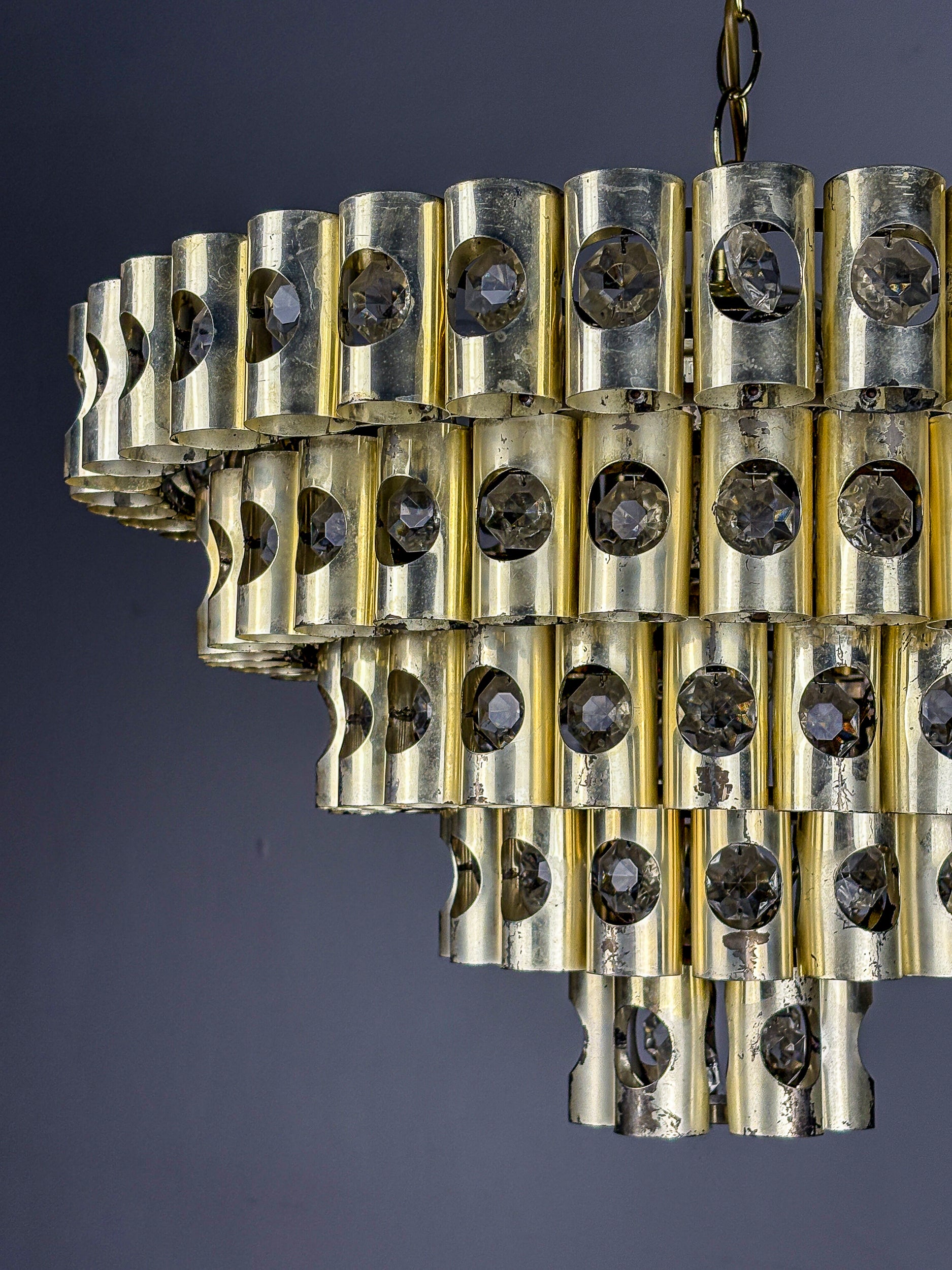 Gaetano Sciolari 5-Tier chandelier, brass & crystal, Italy, 1970s