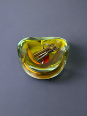 Yellow & Blue Sommerso ashtray by Seguso, Murano glass, Italy, 1970's