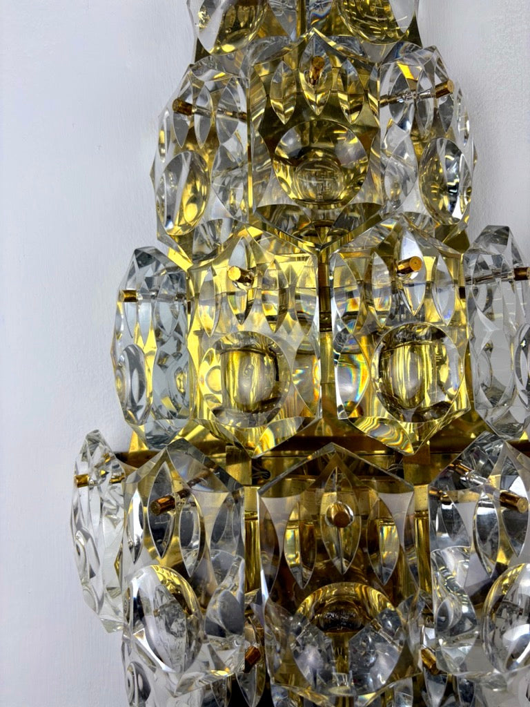 Kinkeldey XL 7-Tier Cut Crystal Wall Sconce, Gilt Brass, Germany, 1970s