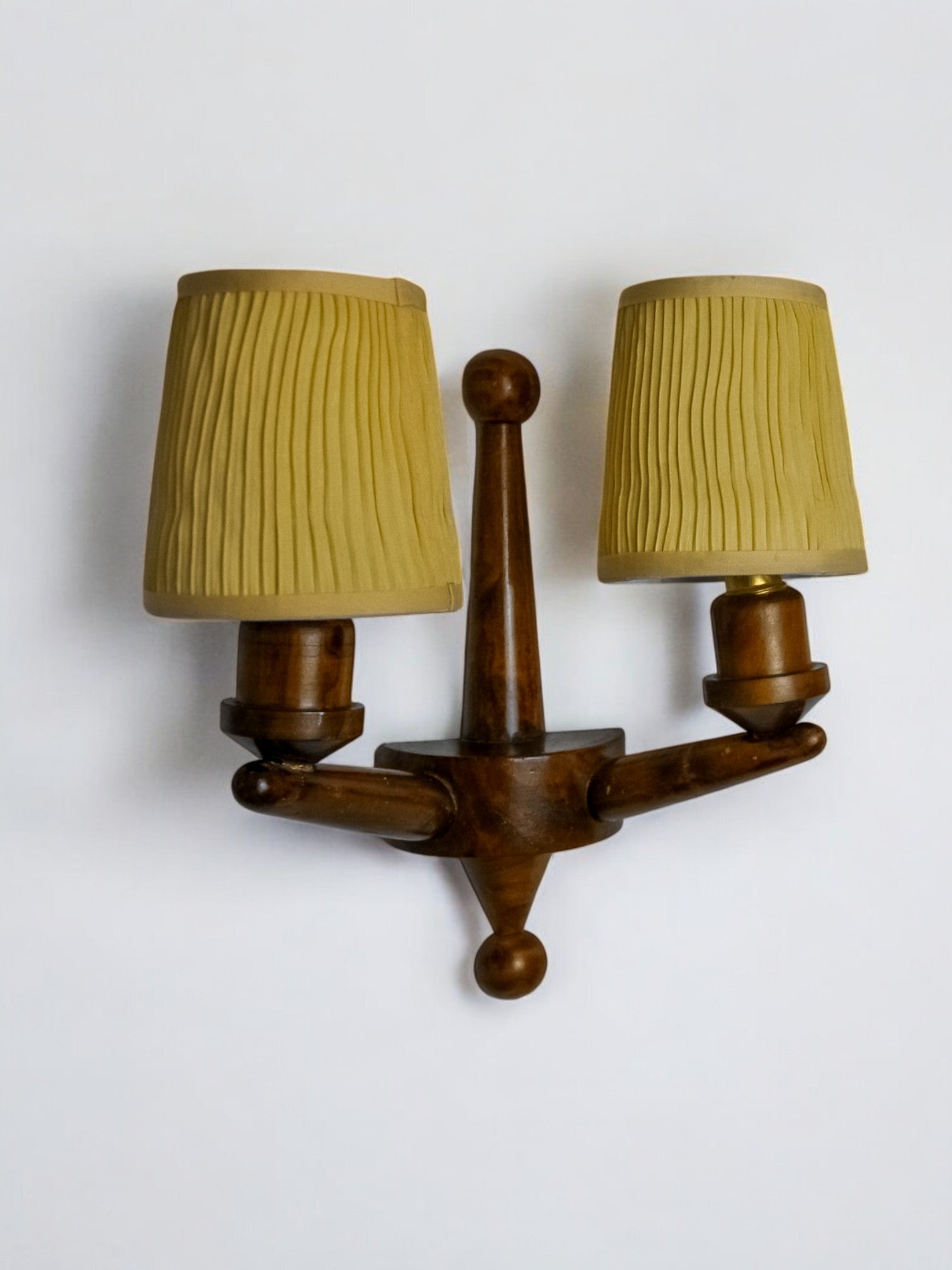 Pair of two-armed art deco wall lights, carved wood, France, 1960