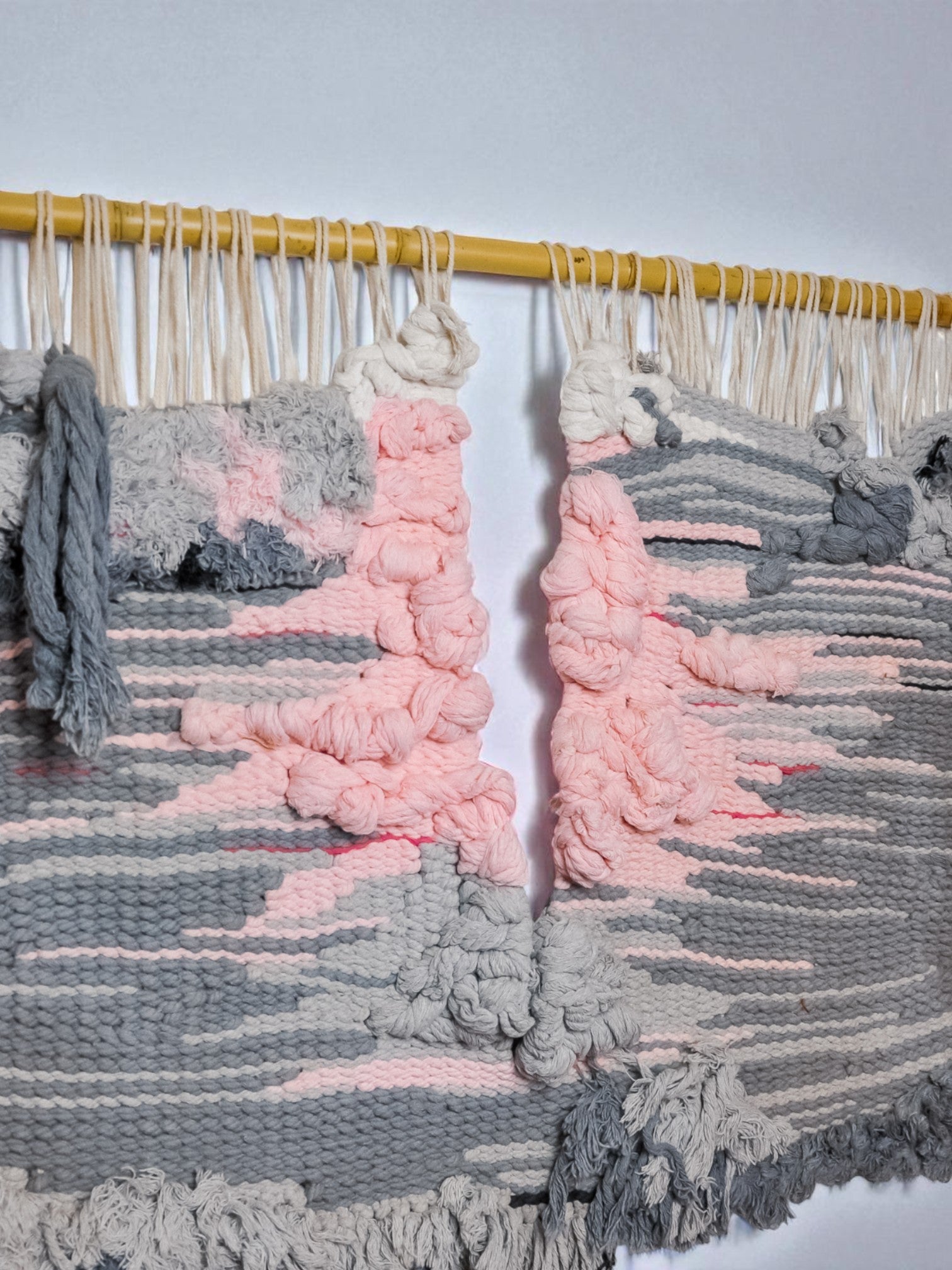 Textured macrame wall hanging, grey & pink wool, Spain, 1970s