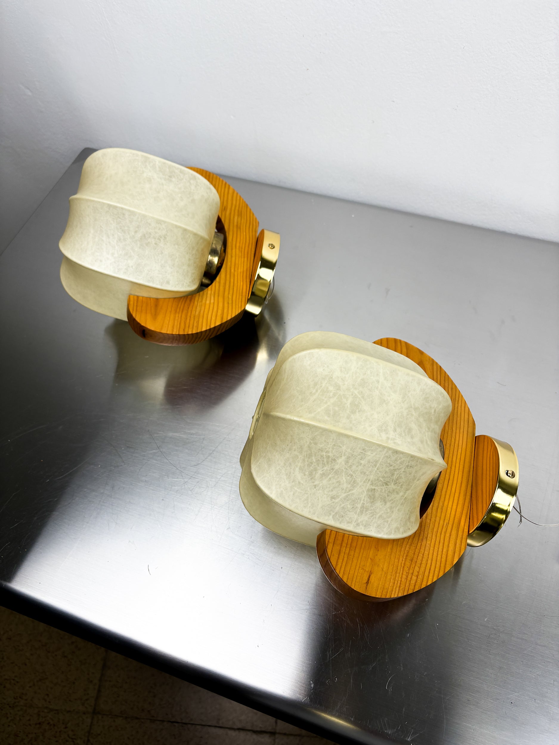 Pair of cocoon sconces with pine, Italy, 1970s