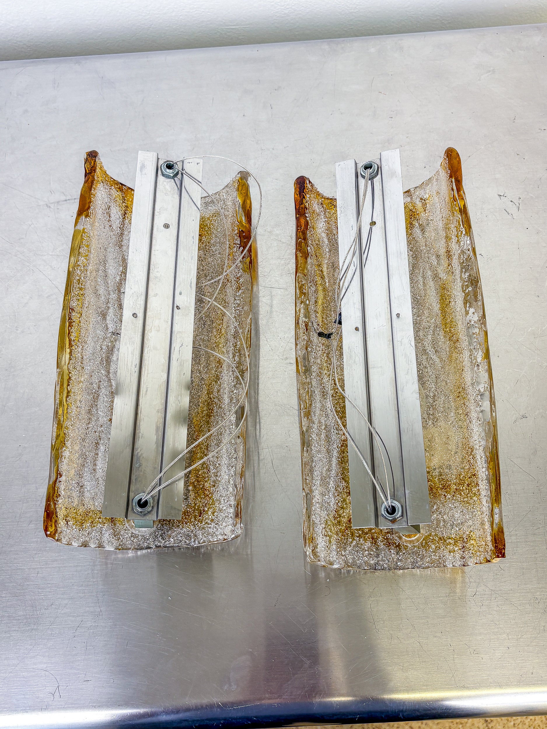 Pair of Murano Mazzega sconces, orange frosted glass, Italy, Circa 1960's