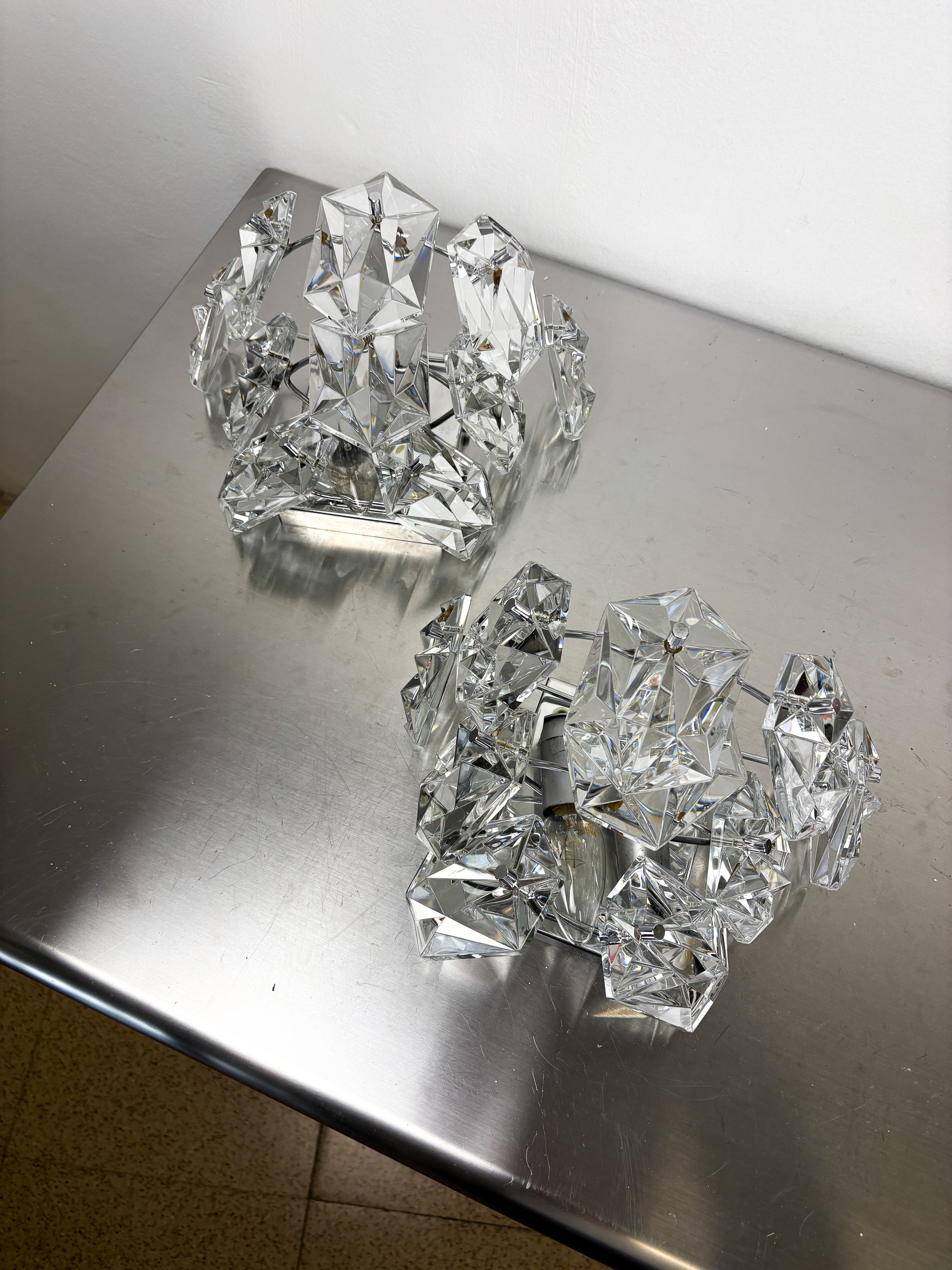 Pair of Kinkeldey 2-Tier Cut Crystal Wall Sconce, Germany, Circa 1970s
